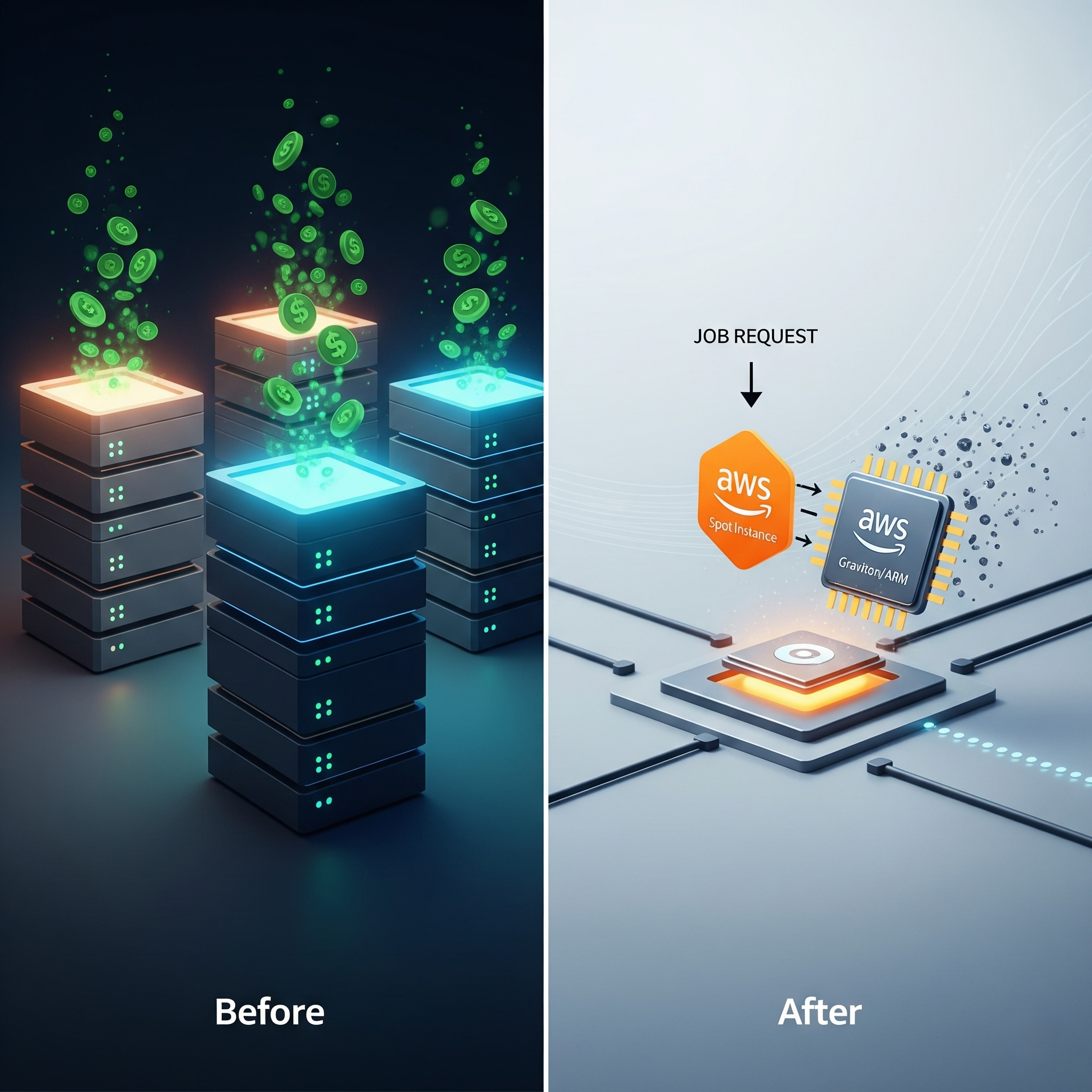 A before-and-after of Jenkins cost optimization, moving from wasteful static agents to a modern architecture where a job is efficiently handled by an AWS Spot Instance running on a Graviton ARM chip.