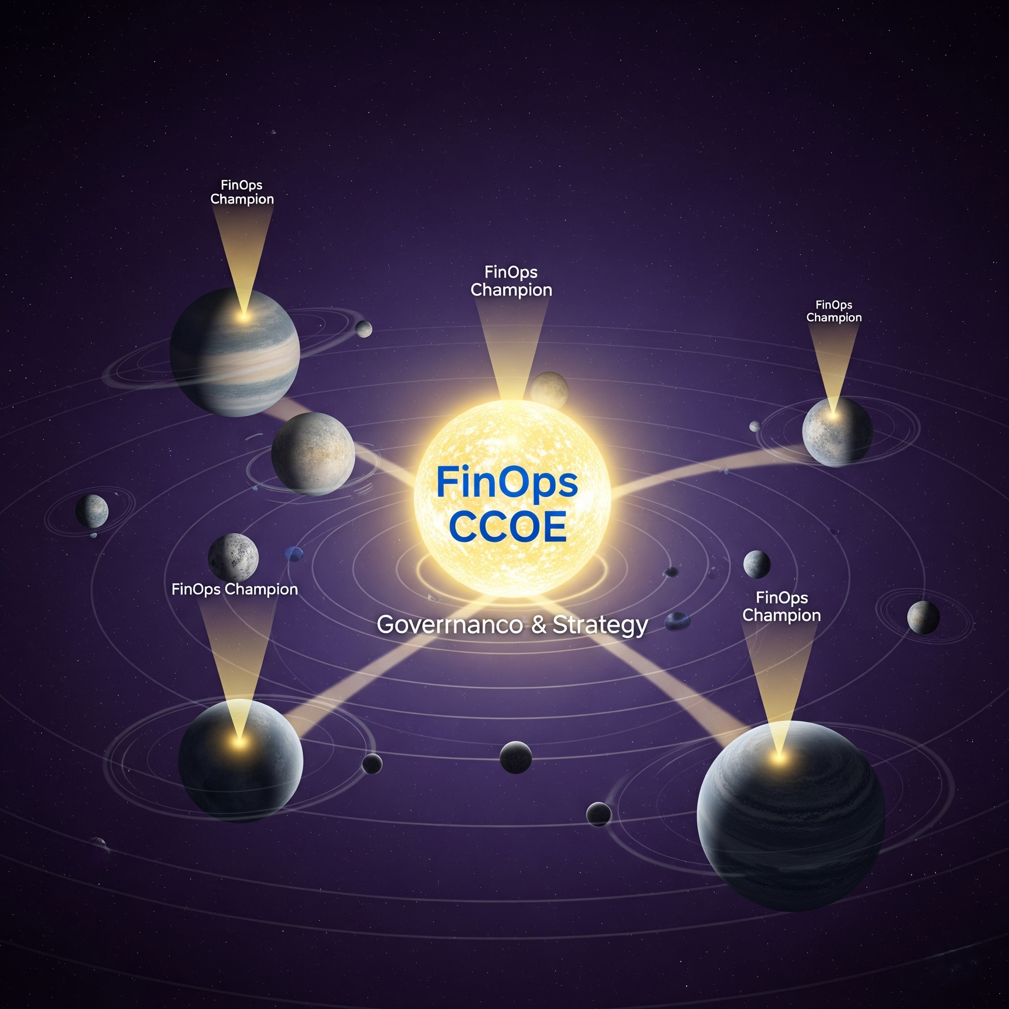 A solar system model for a FinOps practice, with a central 'FinOps CCOE' sun providing governance and strategy to orbiting planets, each empowered with a 'FinOps Champion