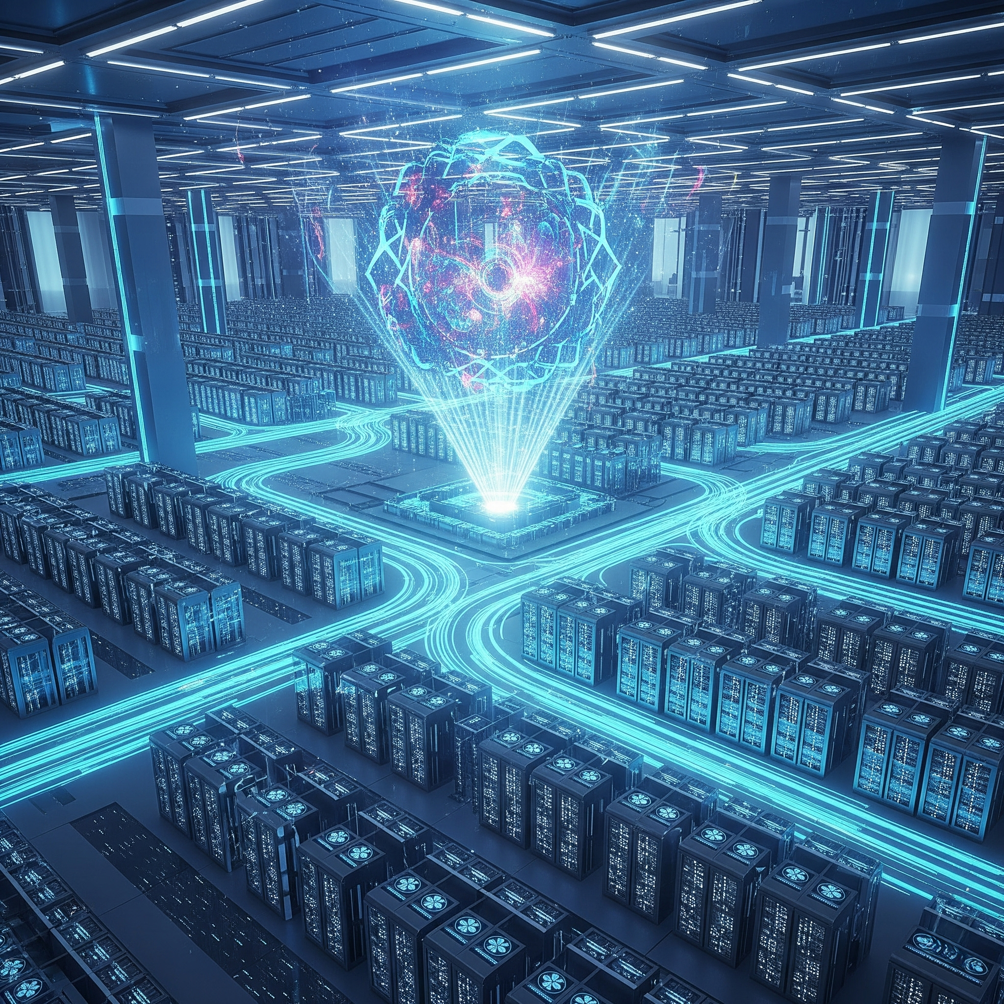 A large-scale data center with a central holographic AI core projecting above it, connected by data streams to rows of server racks, symbolizing a massive AI training or data processing operation