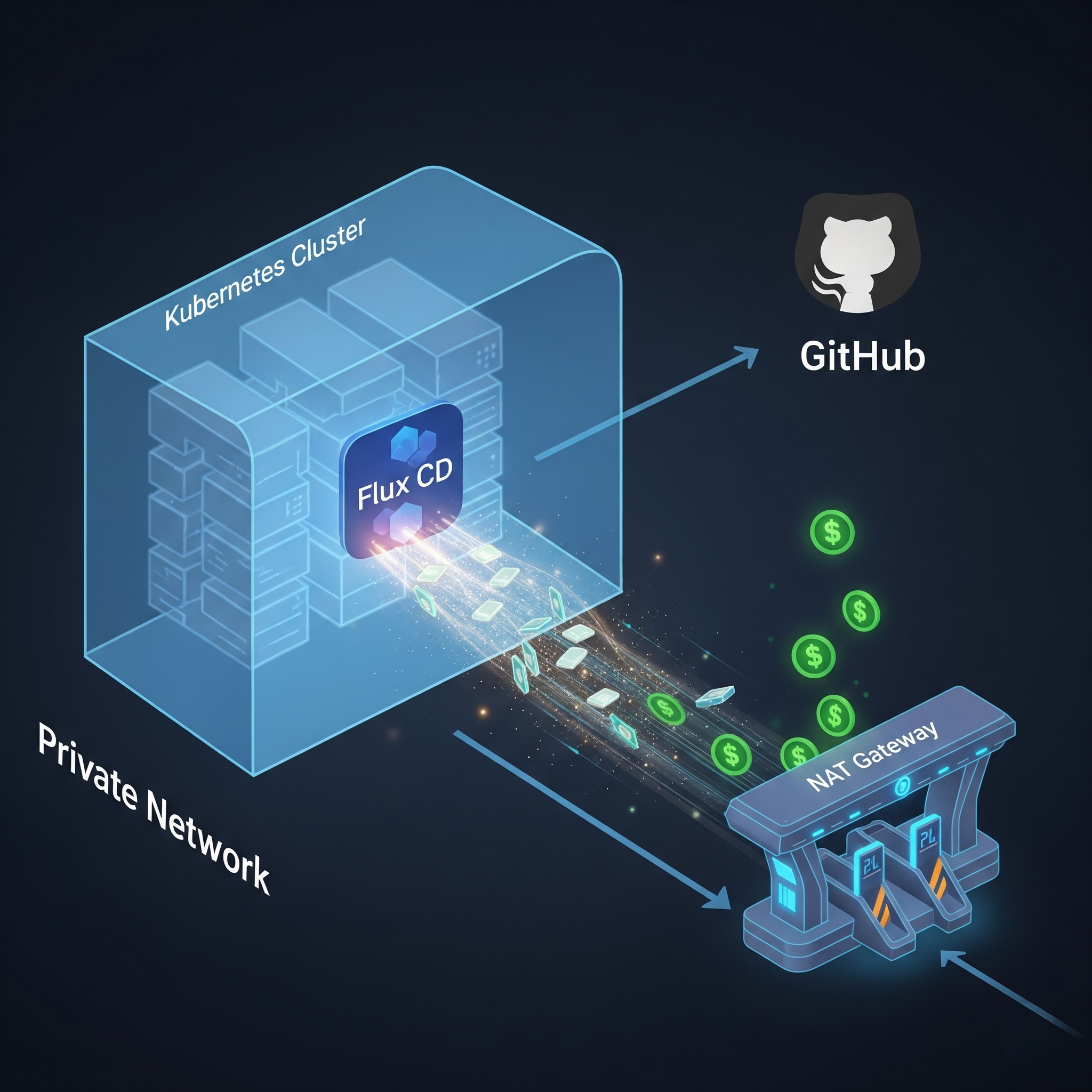 A diagram showing a Flux CD instance in a private Kubernetes cluster generating significant egress costs as its traffic to GitHub must pass through a paid NAT Gateway