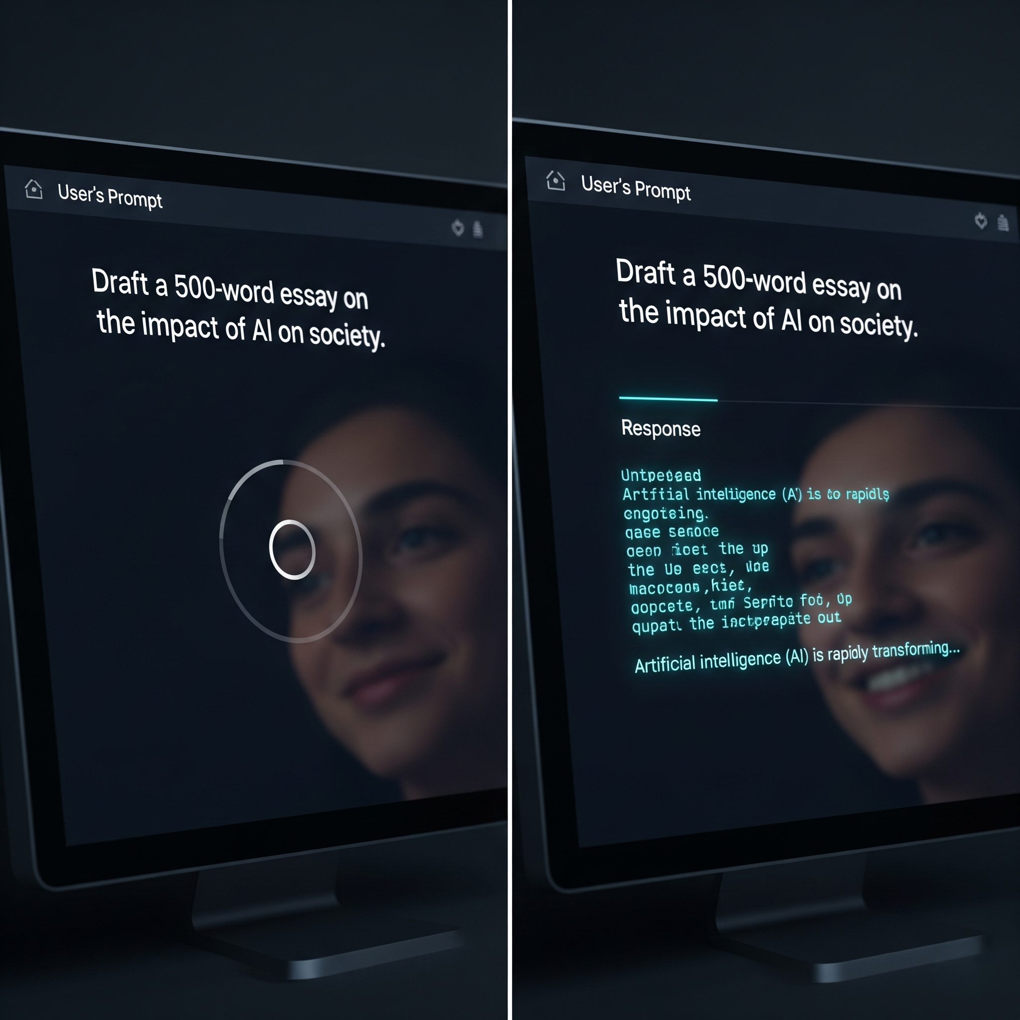 A before-and-after of an AI response, showing a loading spinner on the left versus a streamed, word-by-word response appearing on the right, illustrating the user benefit of LLM response streaming