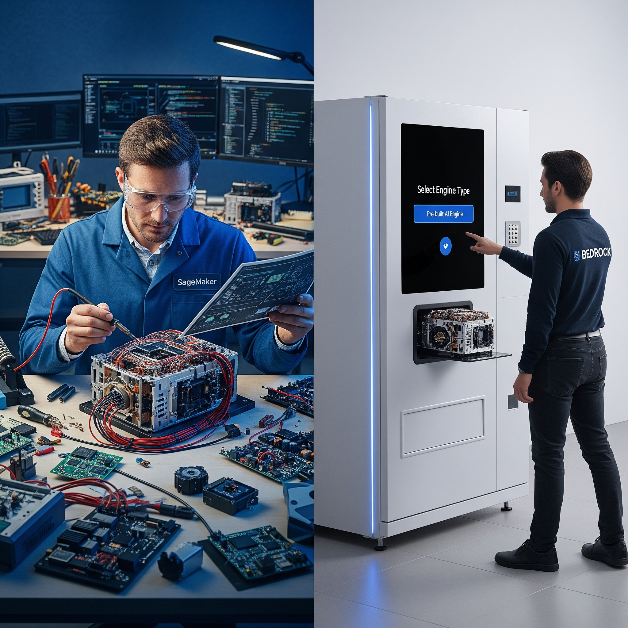 A comparison of AWS SageMaker, shown as an engineer doing complex, hands-on electronics work, and AWS Bedrock, shown as a person easily selecting a pre-built engine from a vending machine, symbolizing the difference between a custom-build and a managed-service approach to AI.