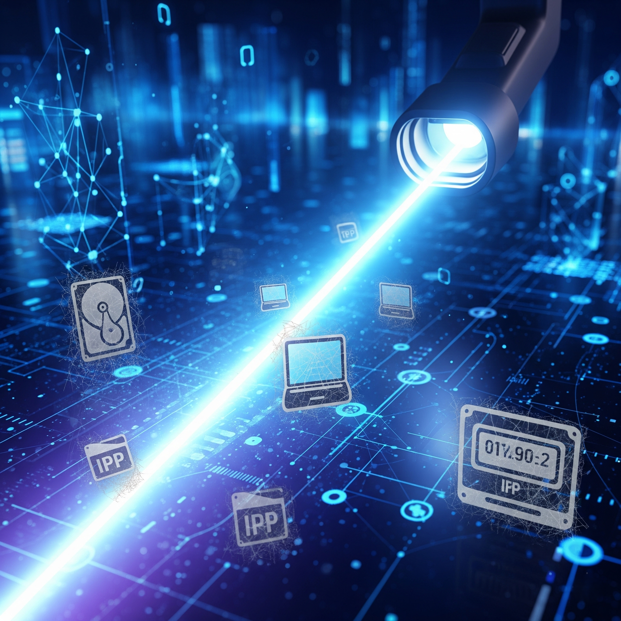 A conceptual image of finding orphaned resources, where a flashlight shines a light on a digital environment to identify unused IT assets that cause cloud waste