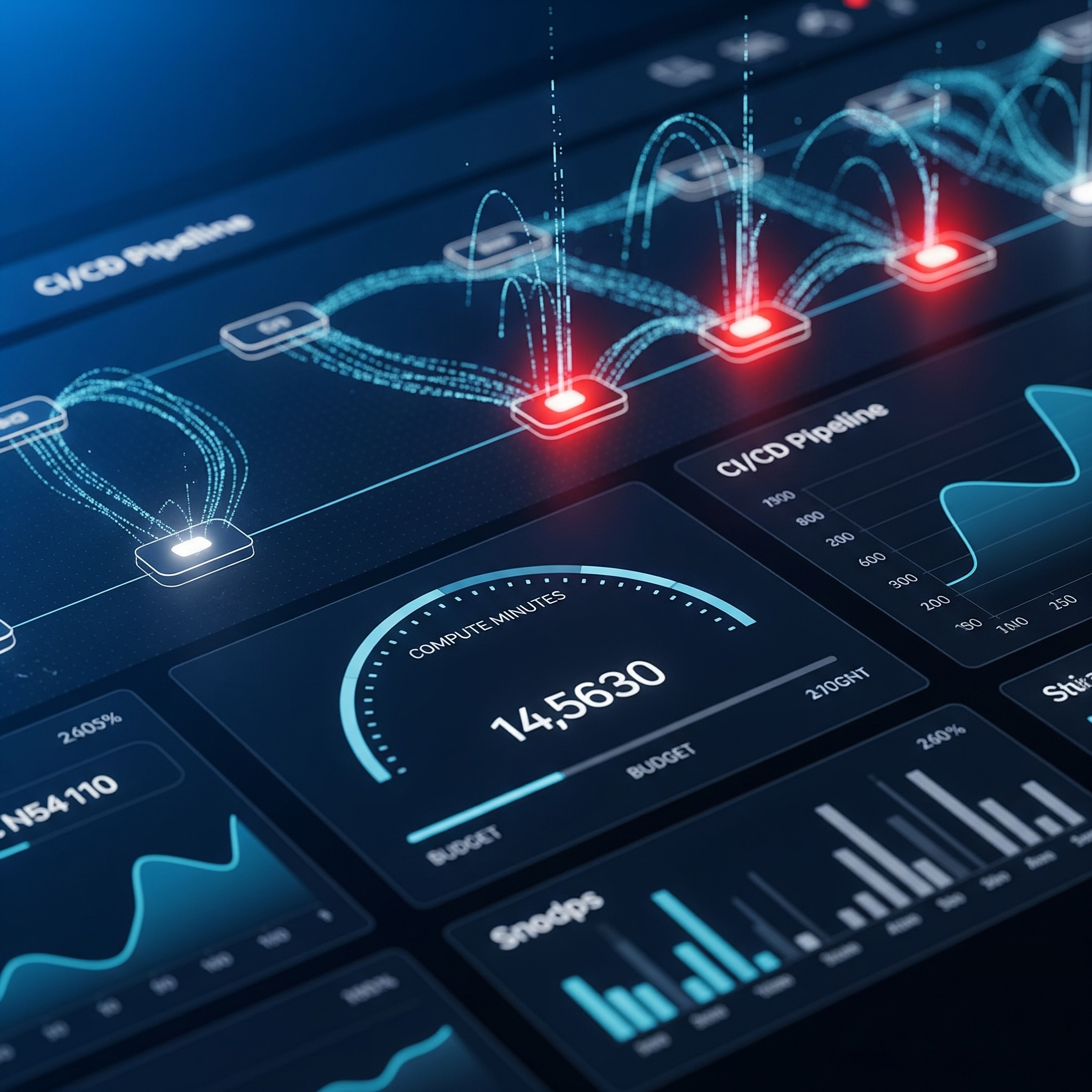 A futuristic dashboard for CI/CD cost monitoring, showing a pipeline's activity and a large gauge measuring the consumption of 'Compute Minutes' against a set budget.