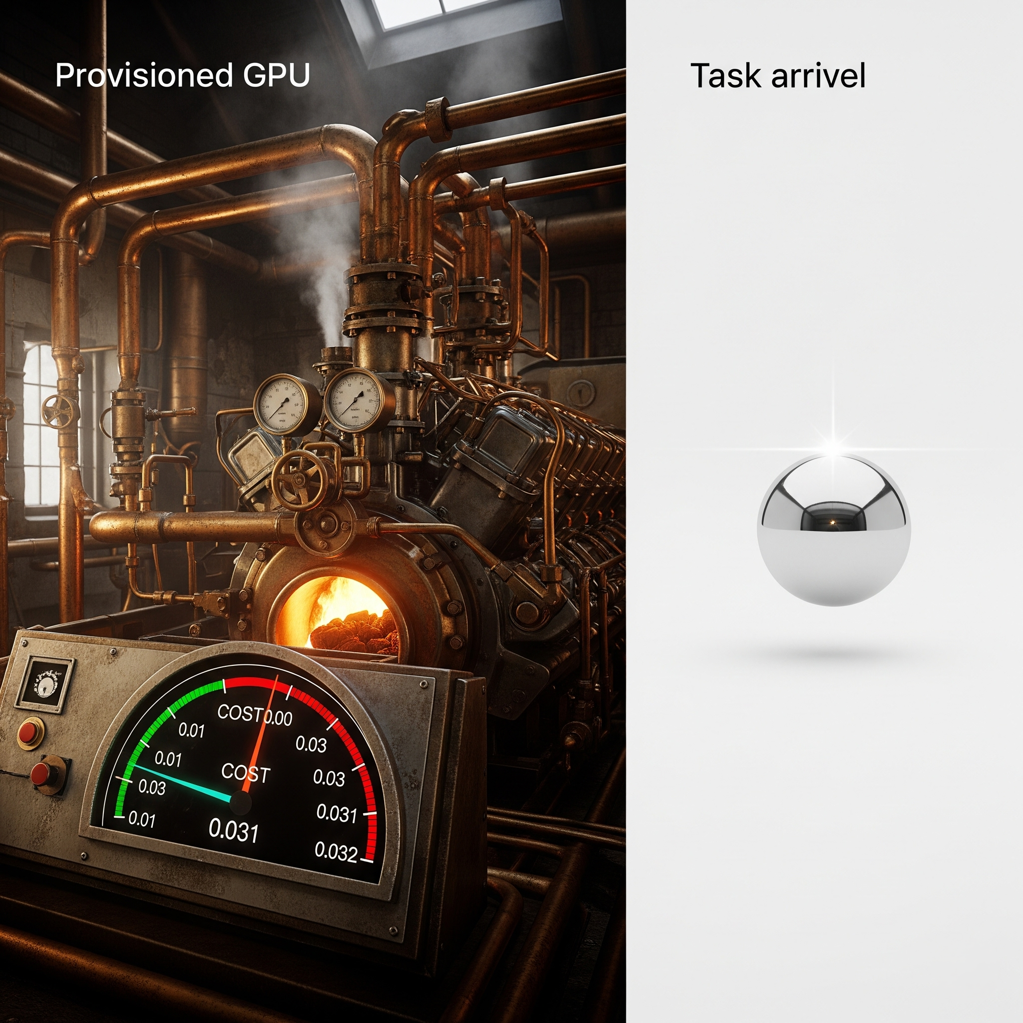 An illustration of the inefficiency of a 'Provisioned GPU,' shown as a large engine constantly running and incurring costs, while a single, intermittent 'Task' is about to arrive, highlighting the waste of idle compute