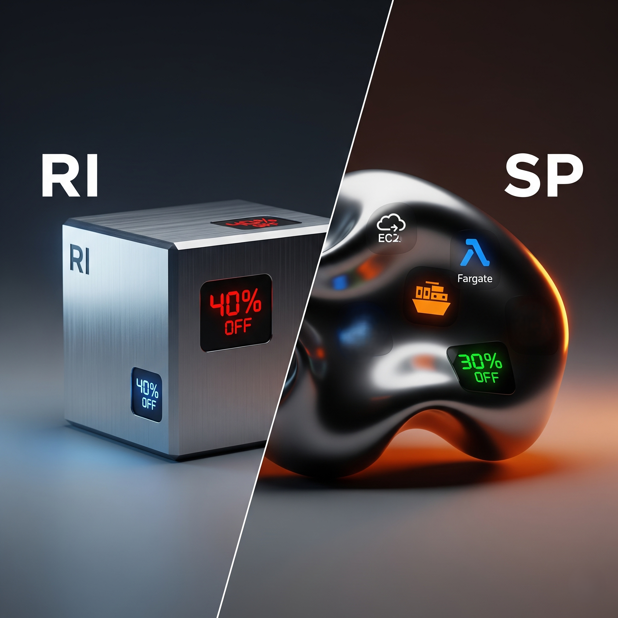 A comparison of a rigid 'RI' (Reserved Instance) with a fixed discount, and a flexible, amorphous 'SP' (Savings Plan) that covers multiple services like EC2 and Fargate