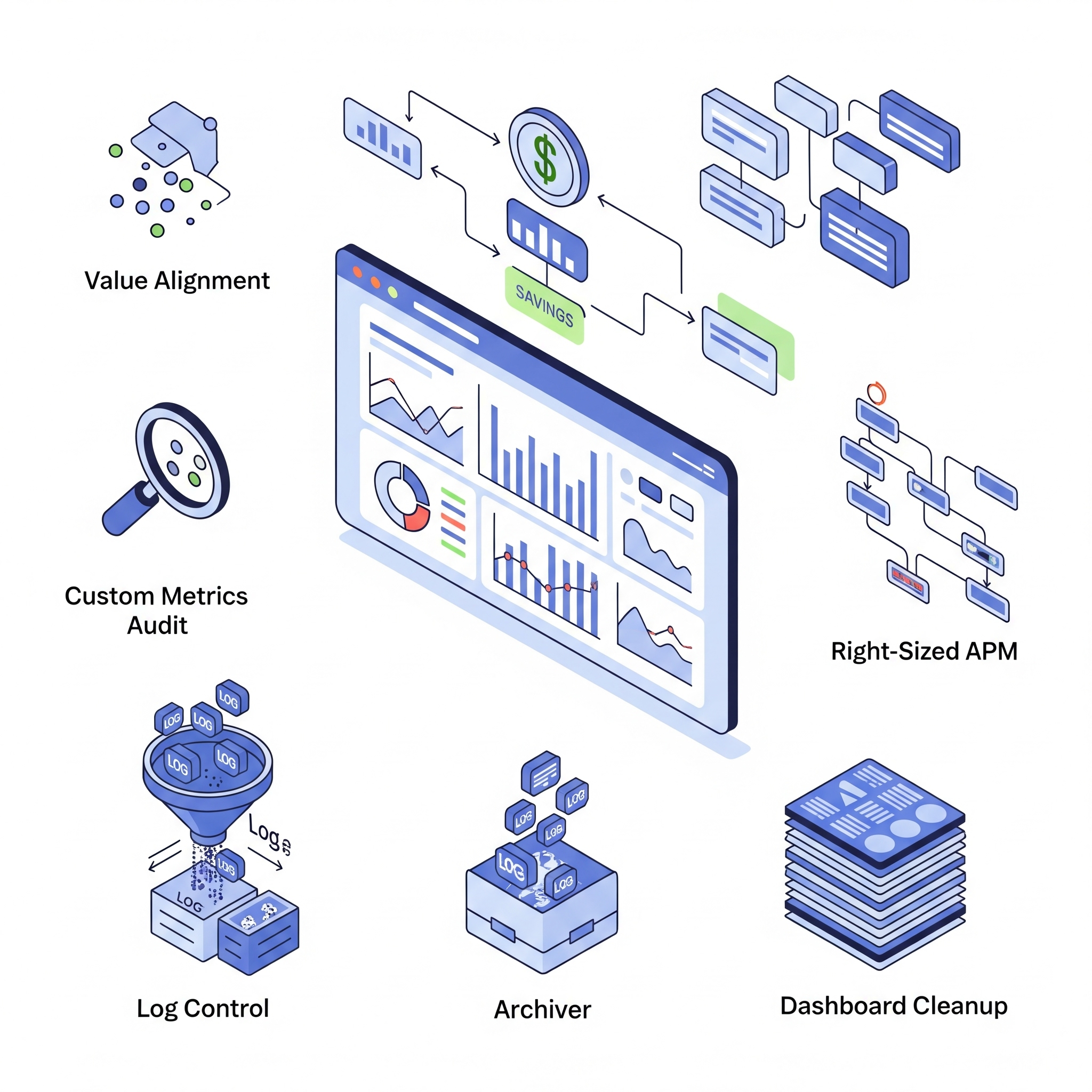 A feature map illustrating various strategies for Datadog cost optimization, including a 'Custom Metrics Audit,' 'Log Control,' and 'Right-Sized APM,' all contributing to a central analytics dashboard.