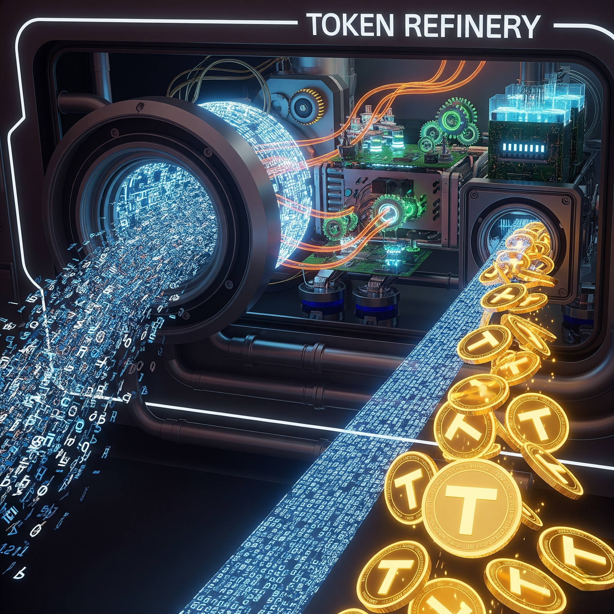 A machine labeled 'Token Refinery' converting a stream of raw data into valuable golden tokens, symbolizing the process of optimizing for token efficiency to reduce the 'cost per million tokens' of an LLM.