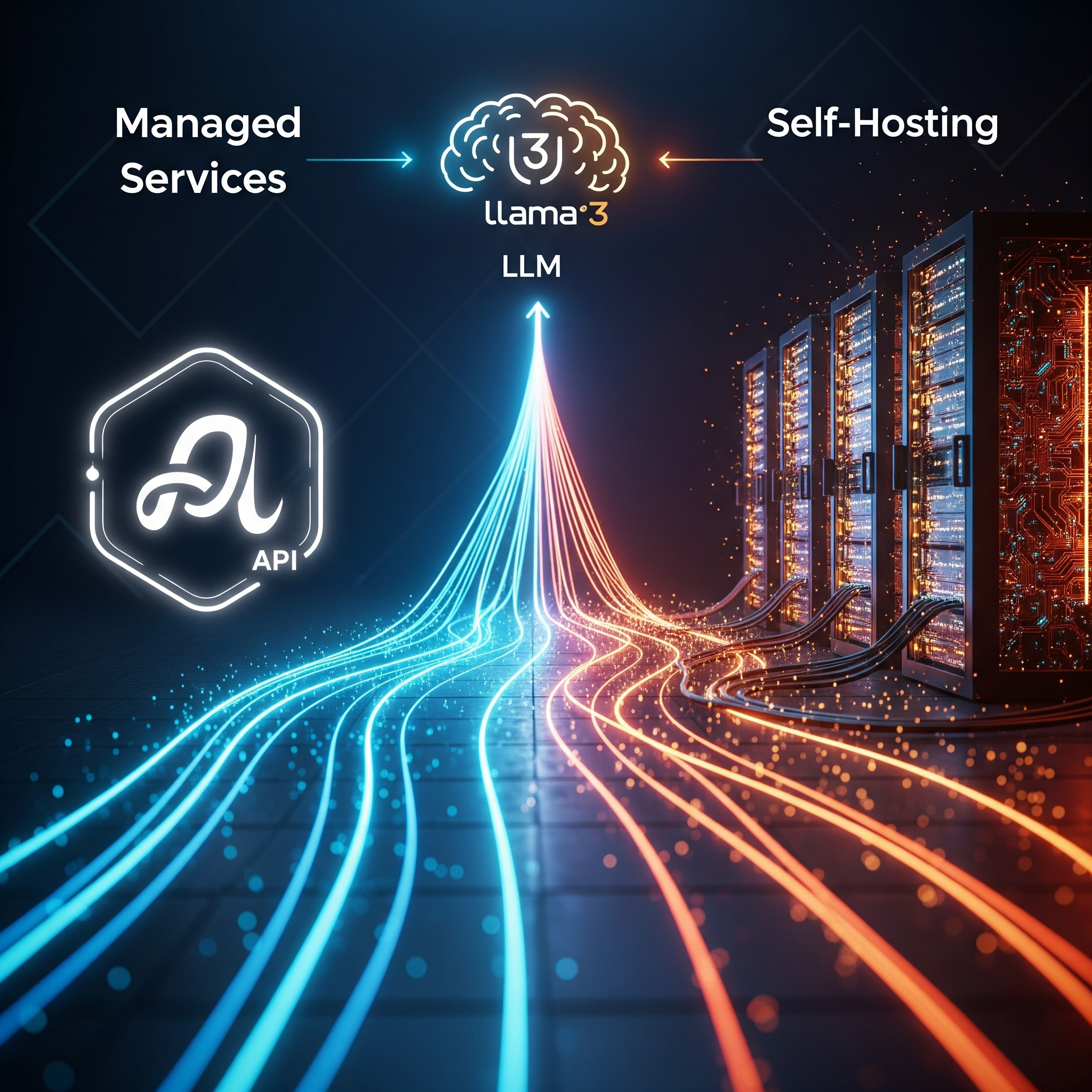 A diagram showing two paths to using the Llama 3 LLM: one path from 'Managed Services' via an API and another from 'Self-Hosting' on physical servers, illustrating different deployment strategies.