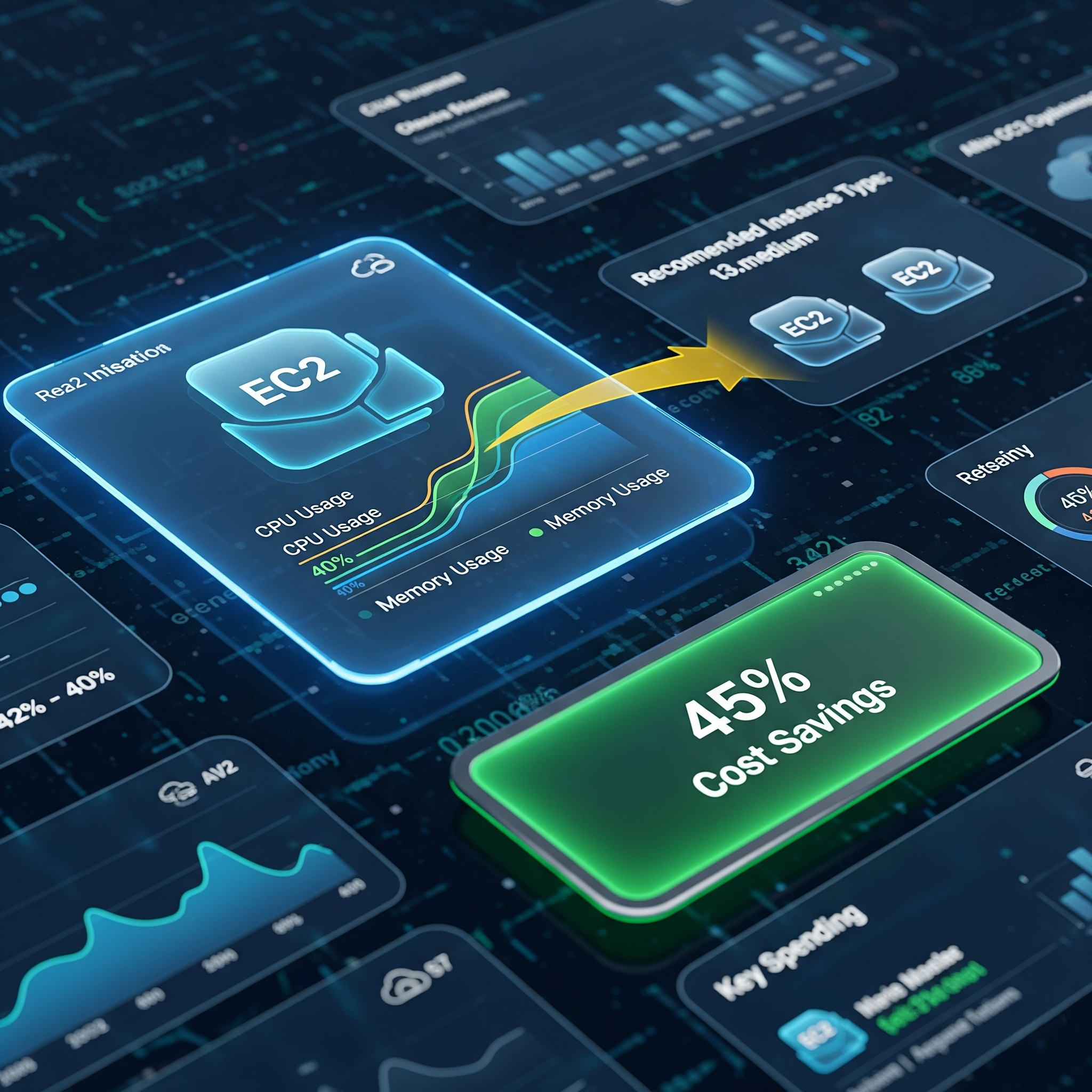 A cloud cost management dashboard analyzing an EC2 instance's usage and providing a rightsizing recommendation for a new instance type, resulting in 45% cost savings.