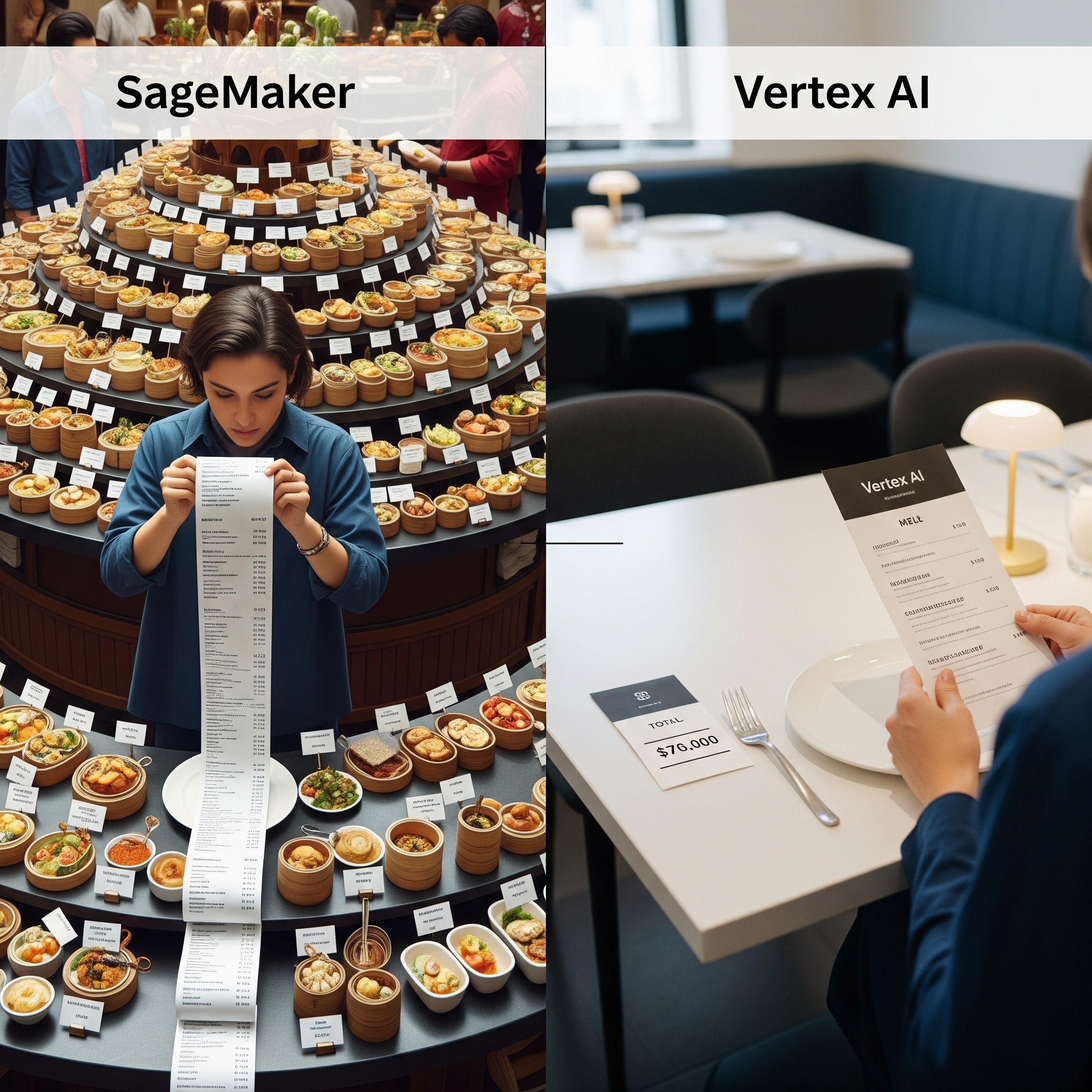 A metaphorical comparison of AWS SageMaker, shown as a person with a long, complex bill at a huge buffet, and Google's Vertex AI, shown as a person with a simple menu and a smaller bill, symbolizing a difference in pricing complexity