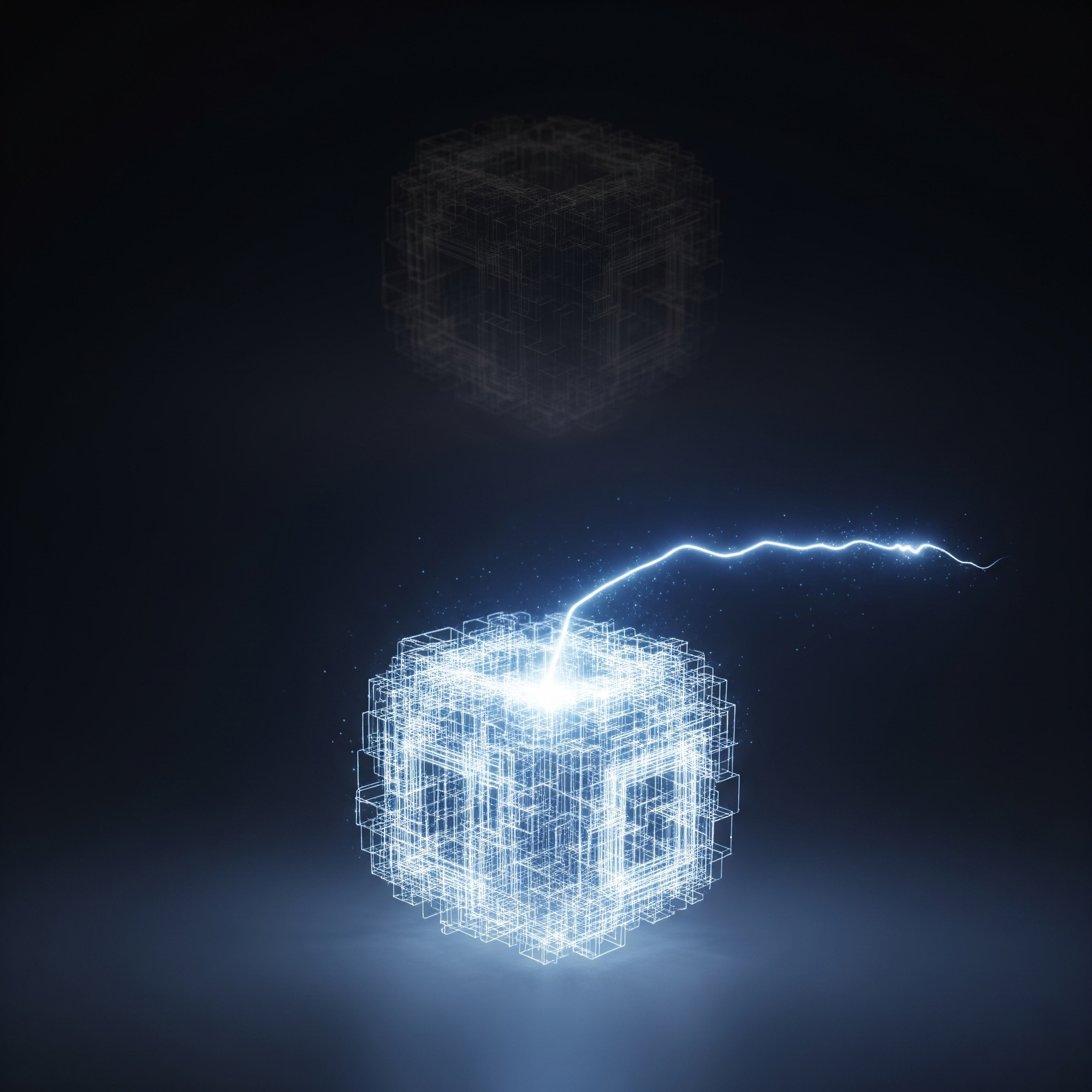 A bolt of energy striking an invisible cube, revealing its glowing wireframe structure and activating it, symbolizing the 'cold start' and automatic wake-up of a serverless Databricks model serving endpoint