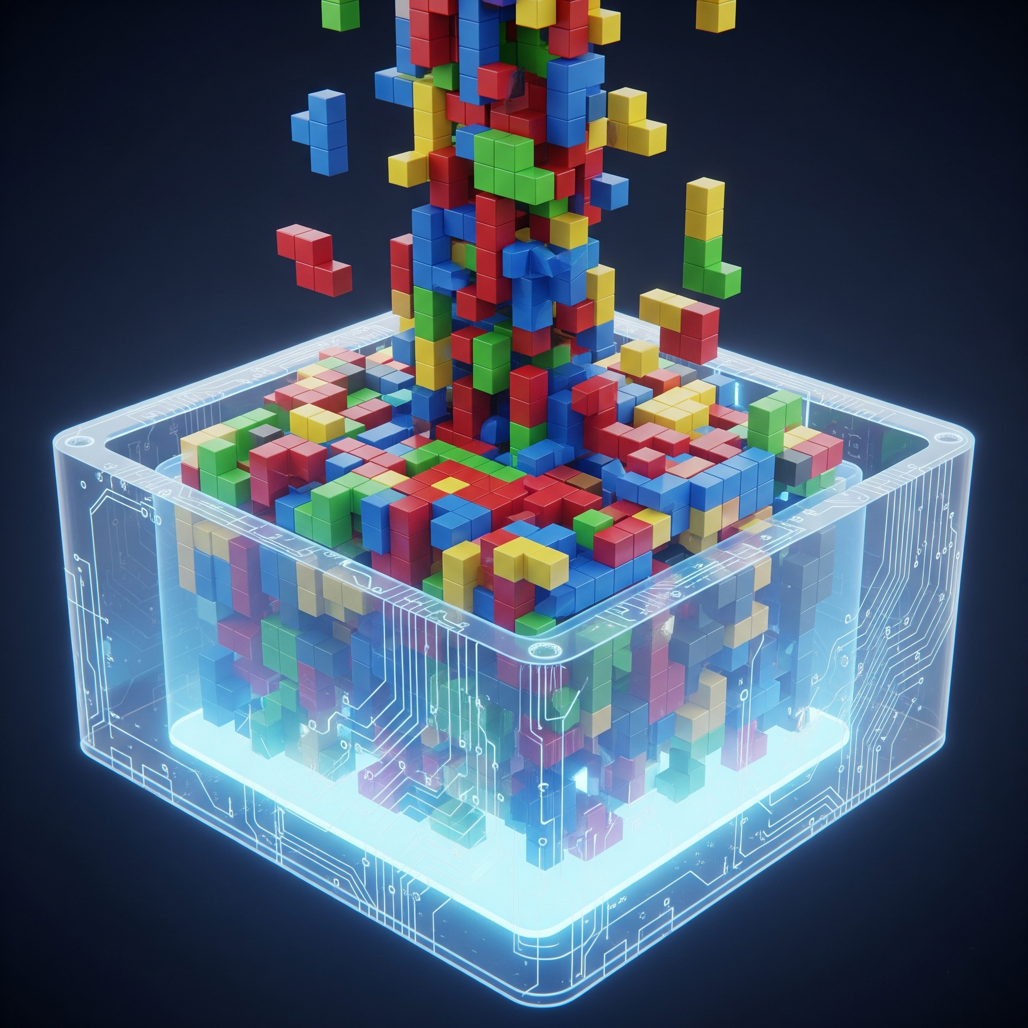 A conceptual illustration of Kubernetes bin packing, showing colorful Tetris-like blocks representing workloads falling into a container, symbolizing the challenge of efficient resource allocation