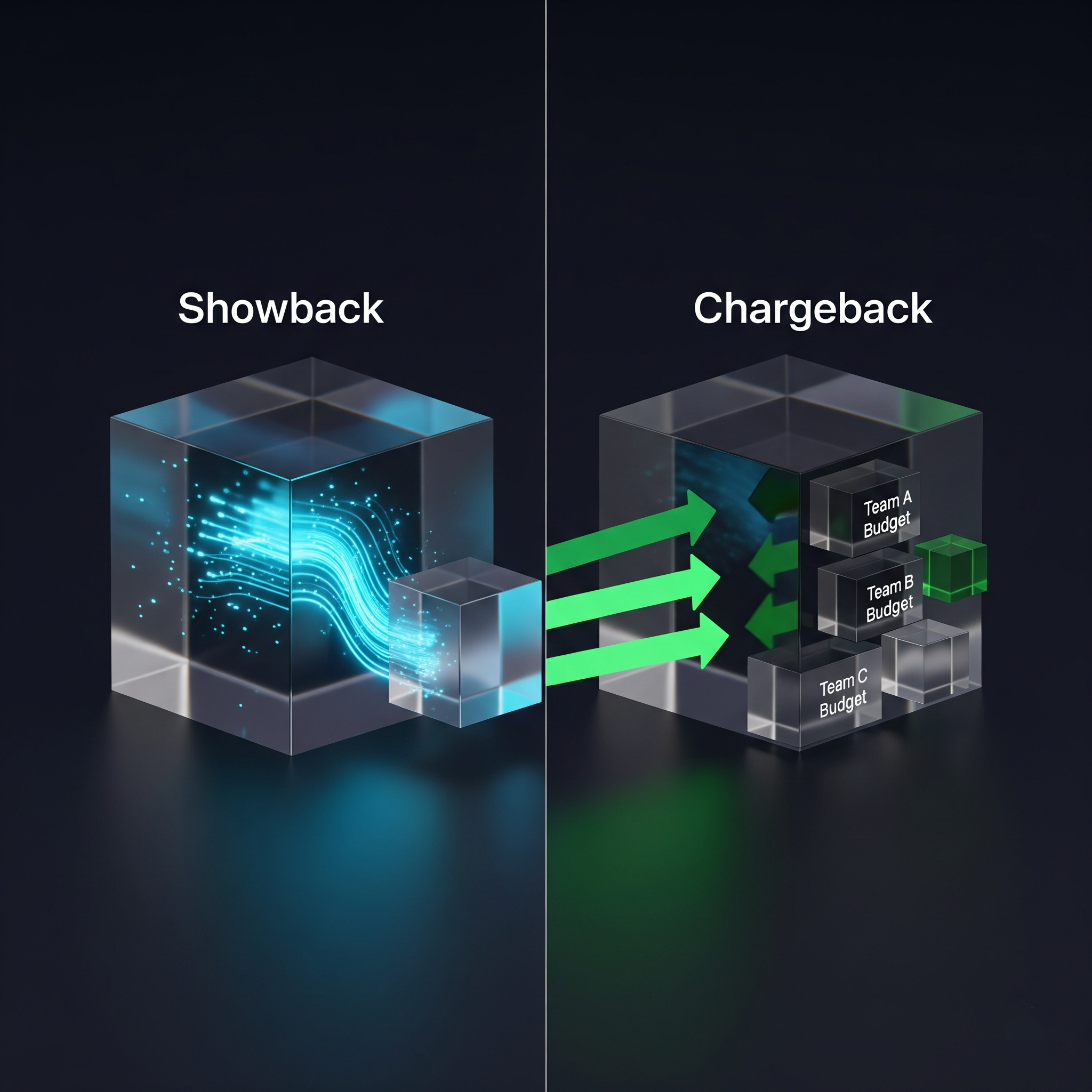 A diagram comparing cloud cost Showback and Chargeback. Showback visualizes cost data, while Chargeback shows the process of allocating those costs to specific team budgets