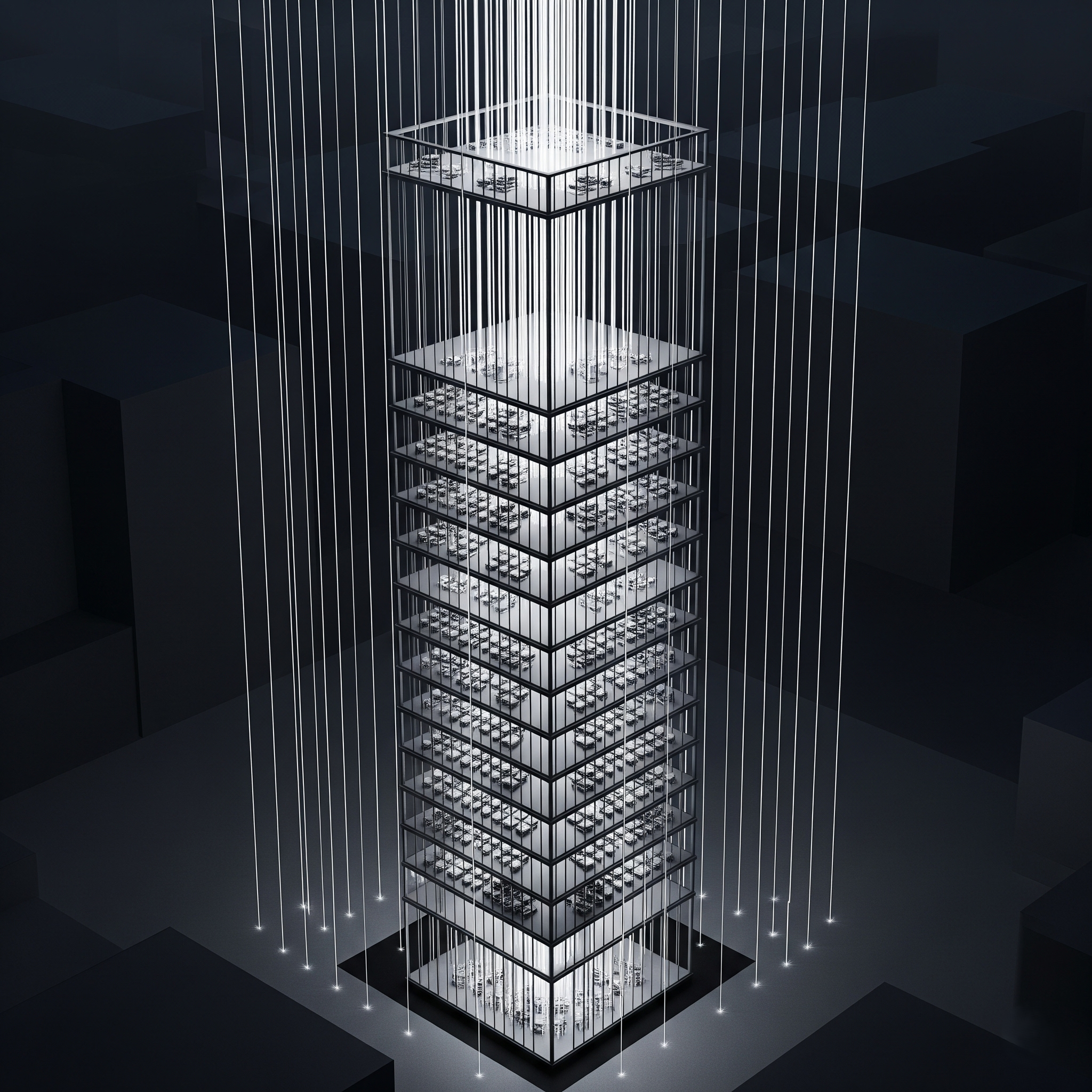 A futuristic, high-density server tower representing a shared, multi-tenant Kubernetes cluster where the costs of the infrastructure must be fairly allocated among many different teams and applications.
