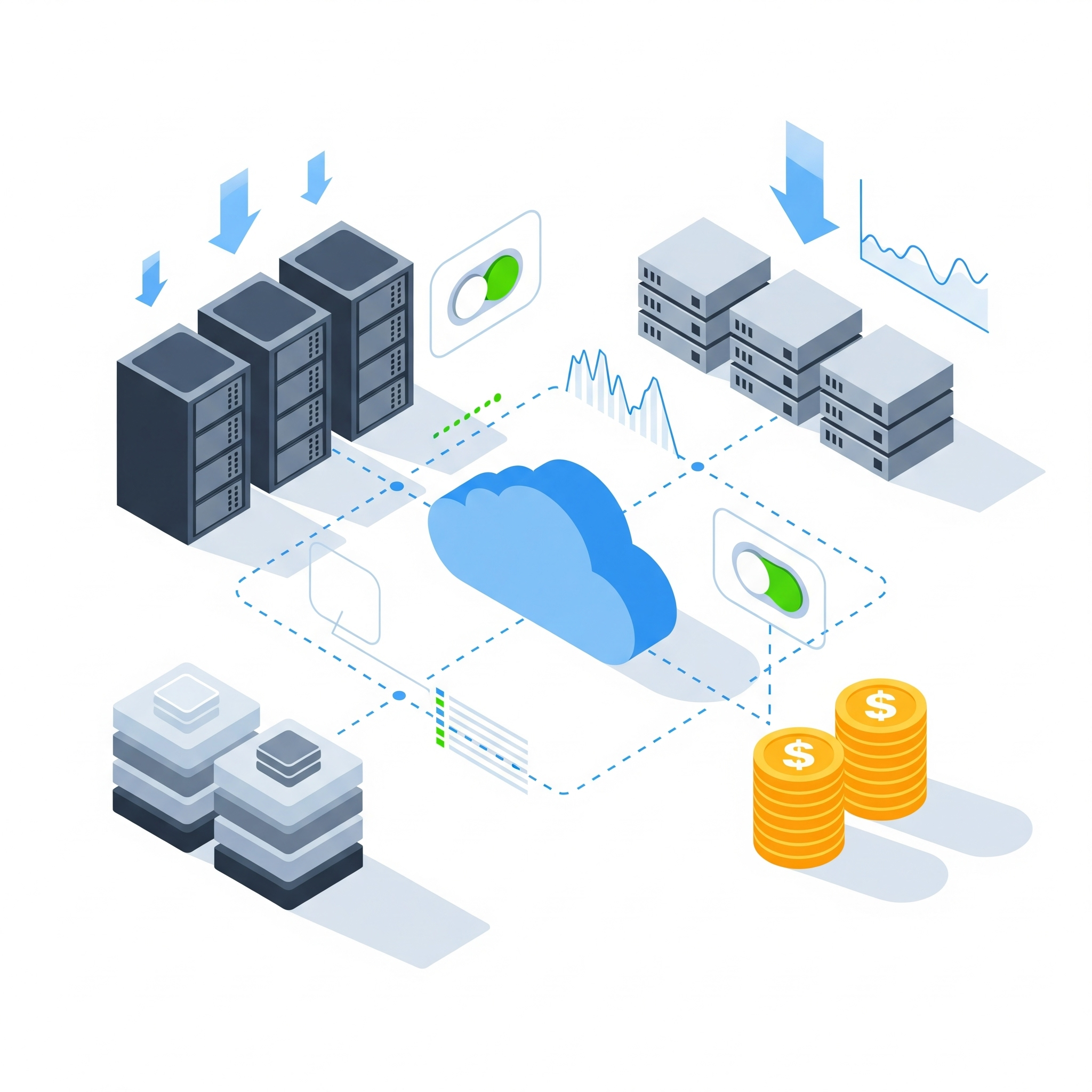 An illustration of a cloud cost optimization process where data flows from servers through a central cloud platform, resulting in monitored performance, optimized infrastructure, and significant cost savings represented by stacks of gold coins.