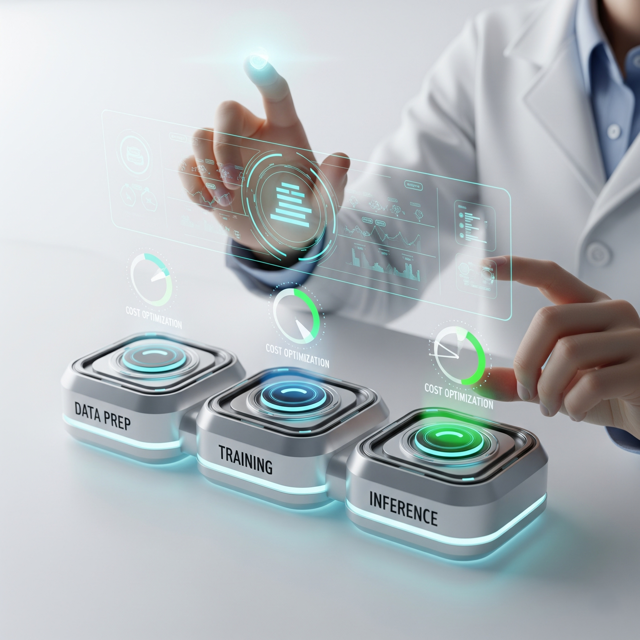 A futuristic interface showing the three stages of a machine learning workflow: Data Prep, Training, and Inference. A user is actively adjusting a 'Cost Optimization' dial for the Inference stage, as part of a SageMaker cost management strategy