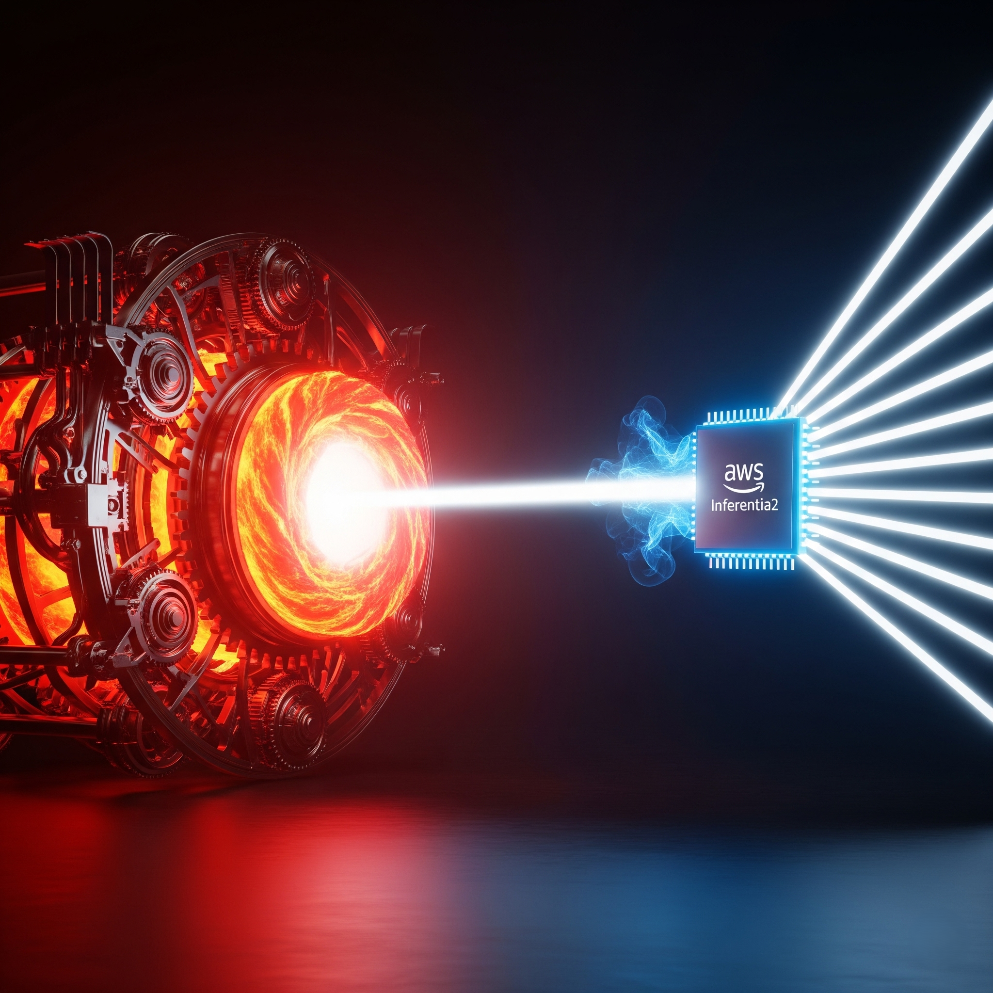 A powerful AI engine firing a beam of energy at a specialized 'aws Inferentia2' chip, symbolizing the use of custom AWS hardware to accelerate AI inference workloads.