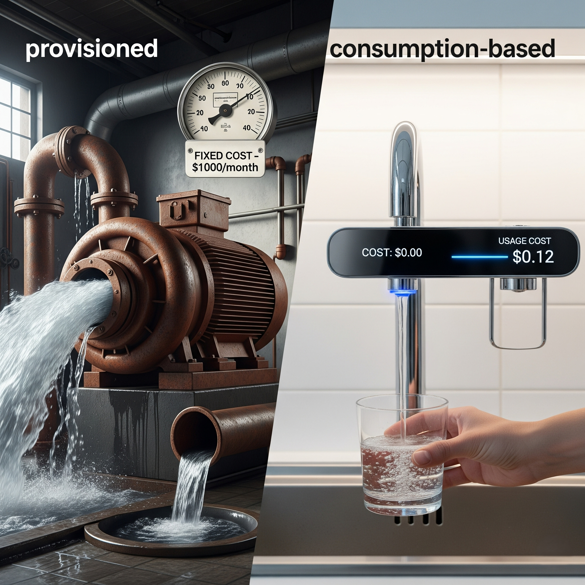 A comparison of a 'provisioned' fixed-cost model, shown as a large water pump running constantly, versus a 'consumption-based' model, shown as a smart tap charging only for the water used.