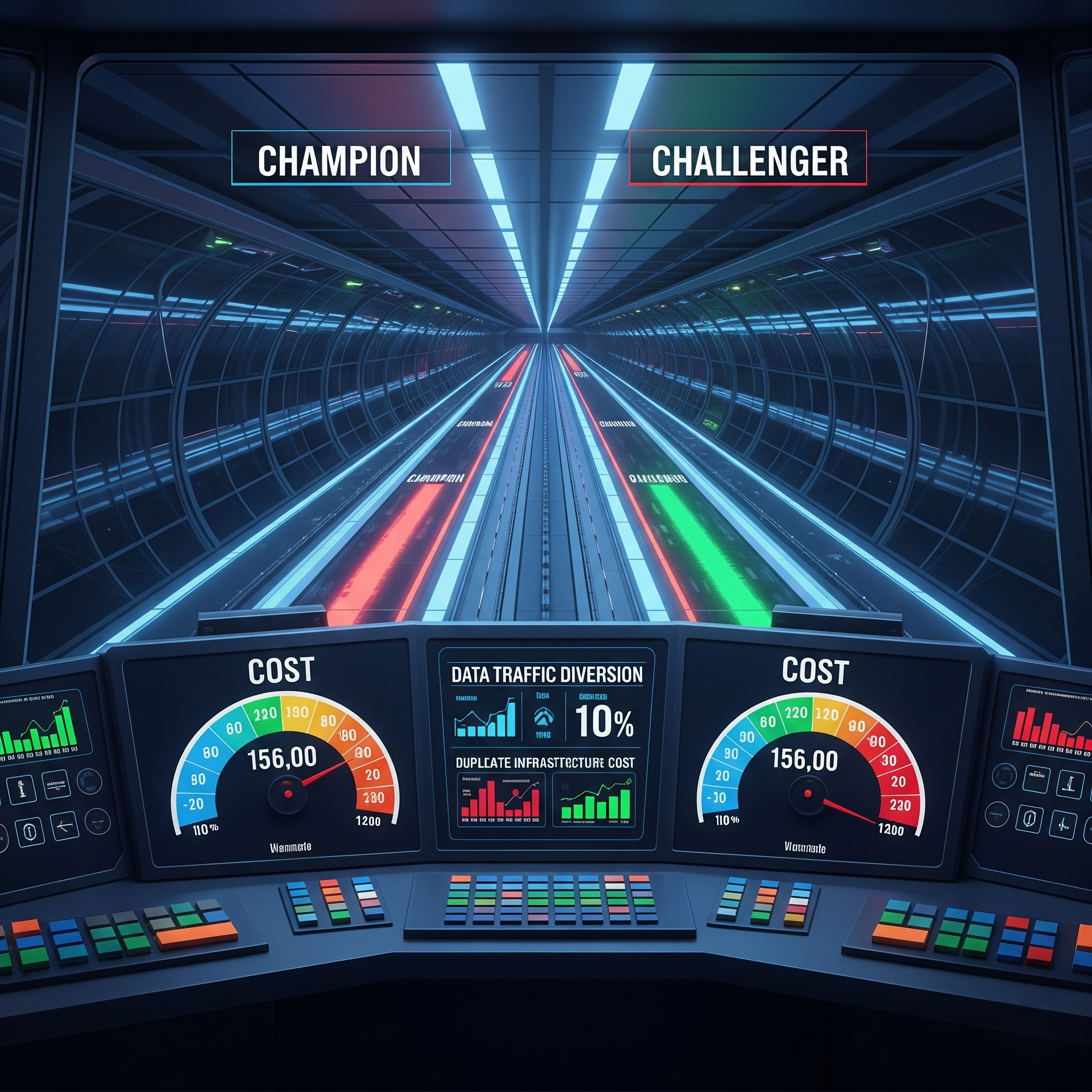 A control room for a champion-challenger test, where traffic is diverted between an existing 'Champion' system and a new 'Challenger' system to compare their 'COST' and performance side-by-side.
