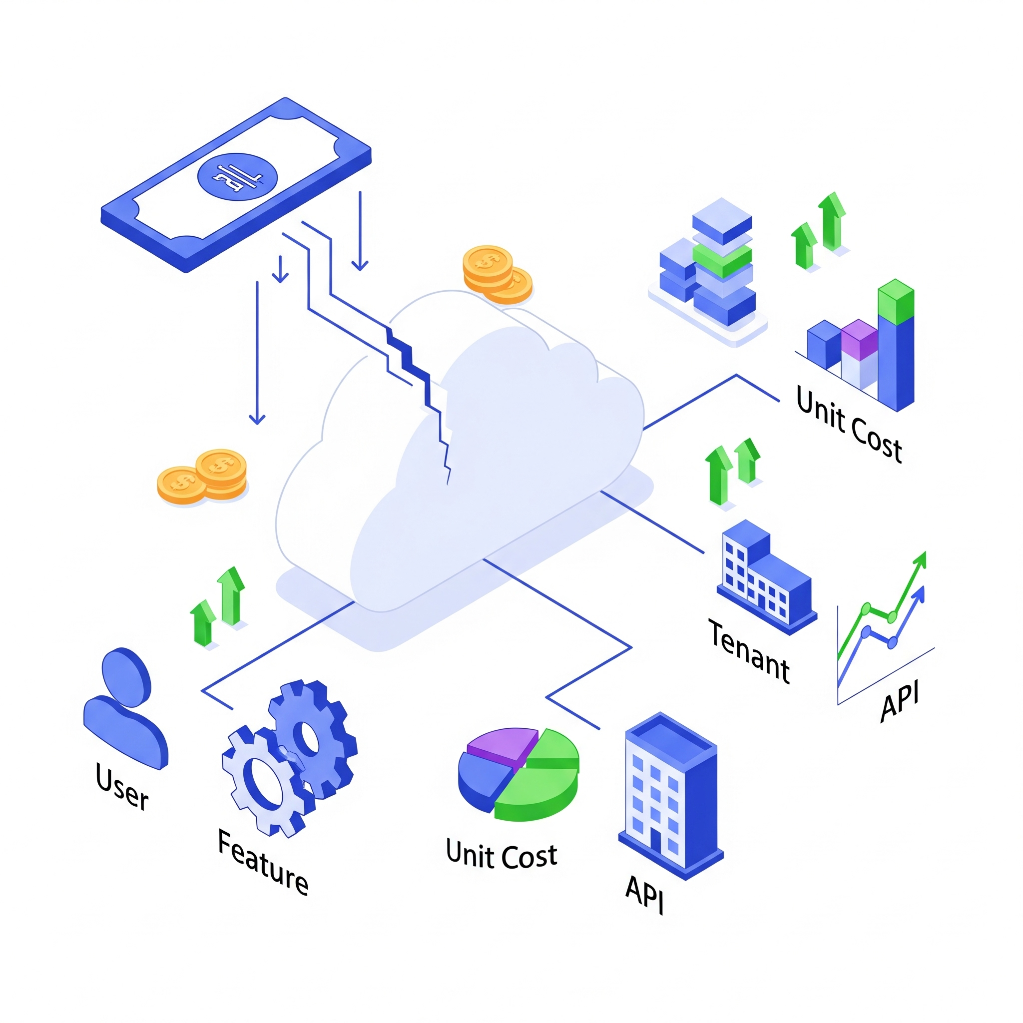 An infographic explaining cloud cost allocation, where a total cloud bill is broken down and attributed to business metrics like users, features, APIs, and tenants, illustrating the concept of unit cost