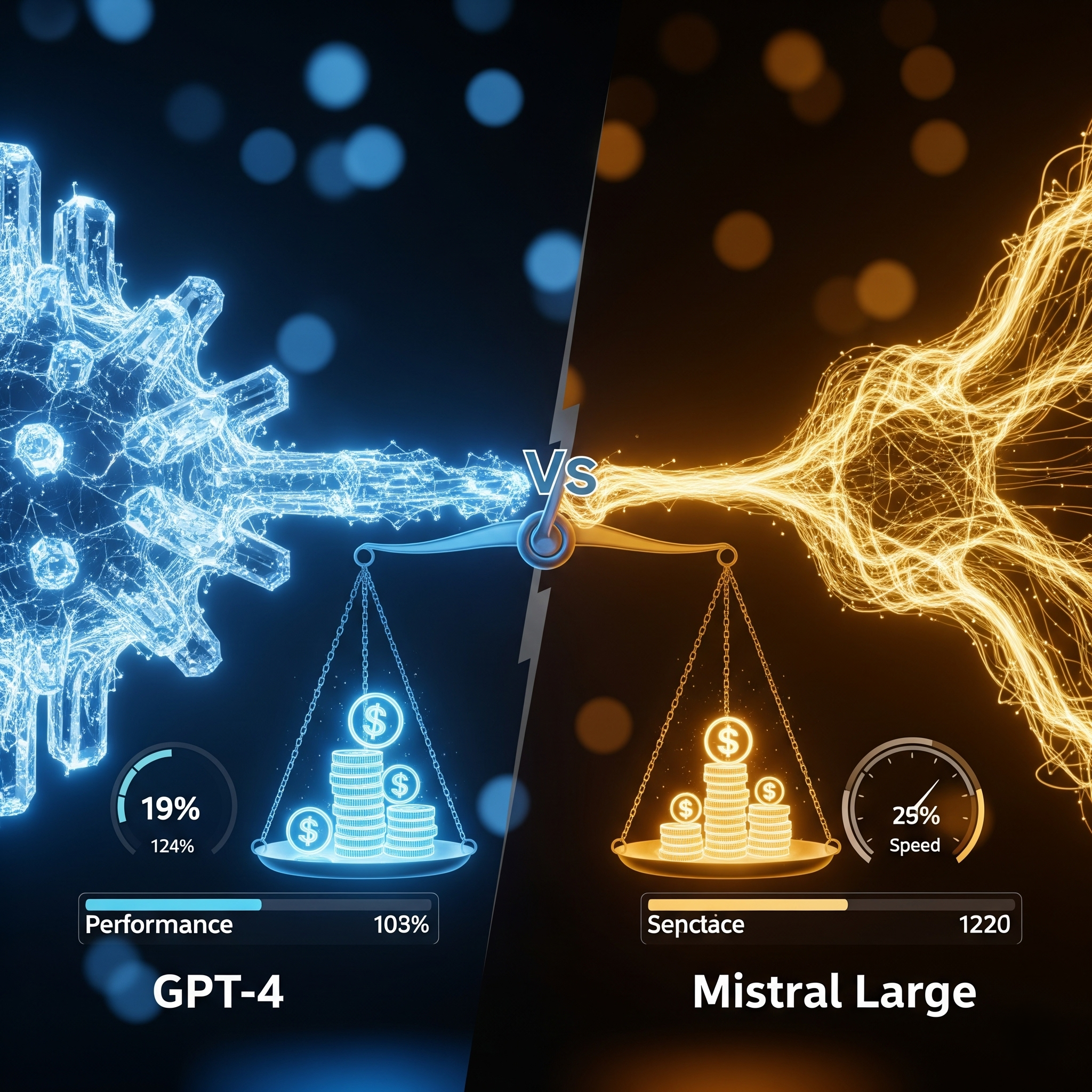 A price-performance comparison between the GPT-4 and Mistral Large AI models, with a scale weighing their cost (stacks of coins) against their performance and speed metrics.