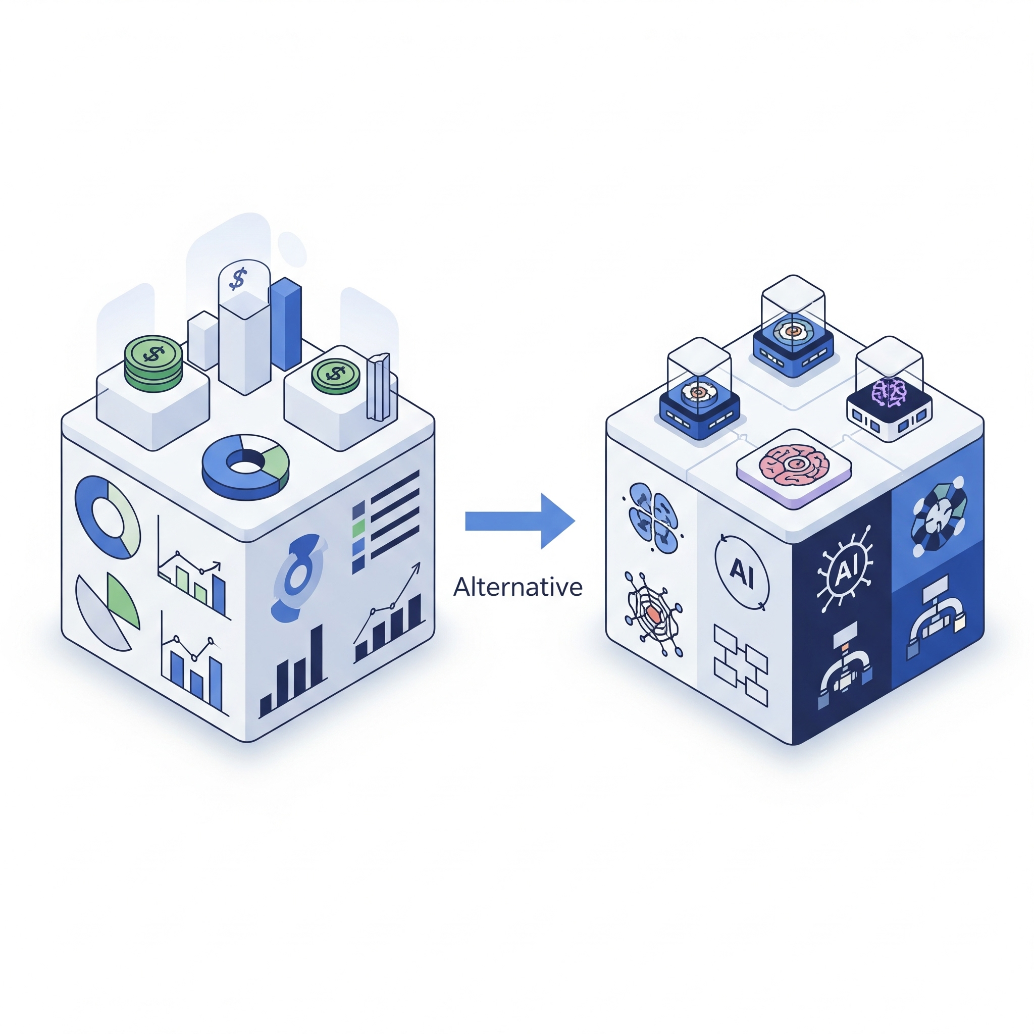 A conceptual illustration showing a transition from a generic financial analysis platform, represented by a cube with charts, to a specialized, developer-first alternative, represented by a cube with AI and advanced technology icons