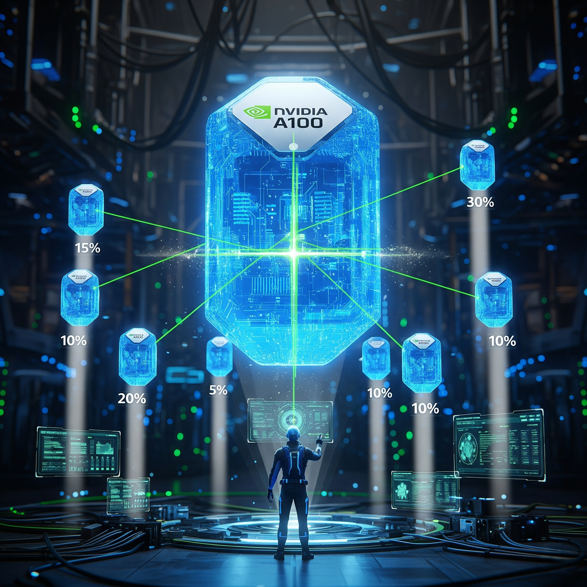 An illustration of NVIDIA's Multi-Instance GPU (MIG) technology, where a single large NVIDIA A100 GPU is partitioned to serve multiple smaller workloads simultaneously, maximizing utilization and simplifying cost allocation