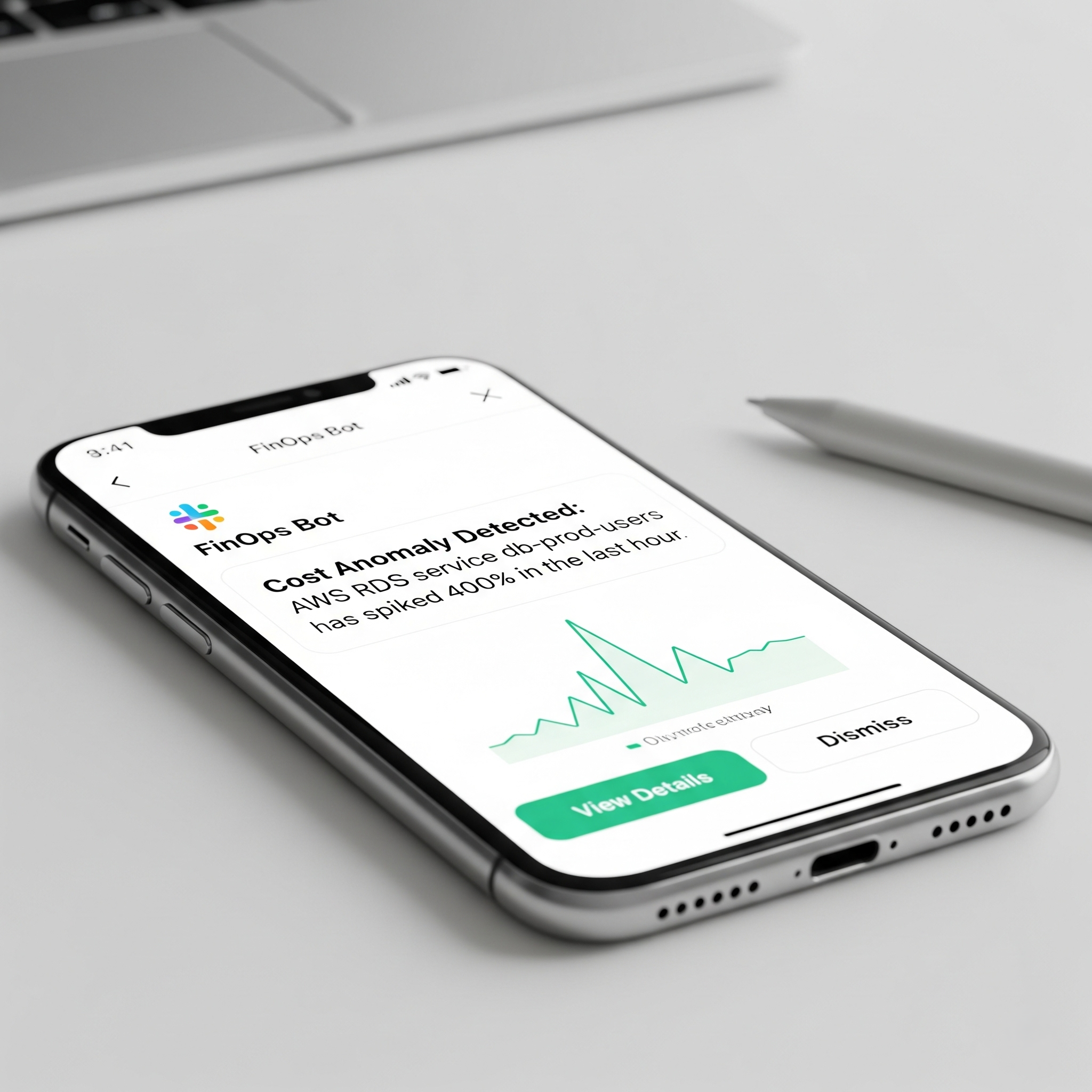 A smartphone showing a Slack alert from a 'FinOps Bot' that has detected a 400% cost spike in an AWS RDS database, demonstrating real-time cost anomaly detection.
