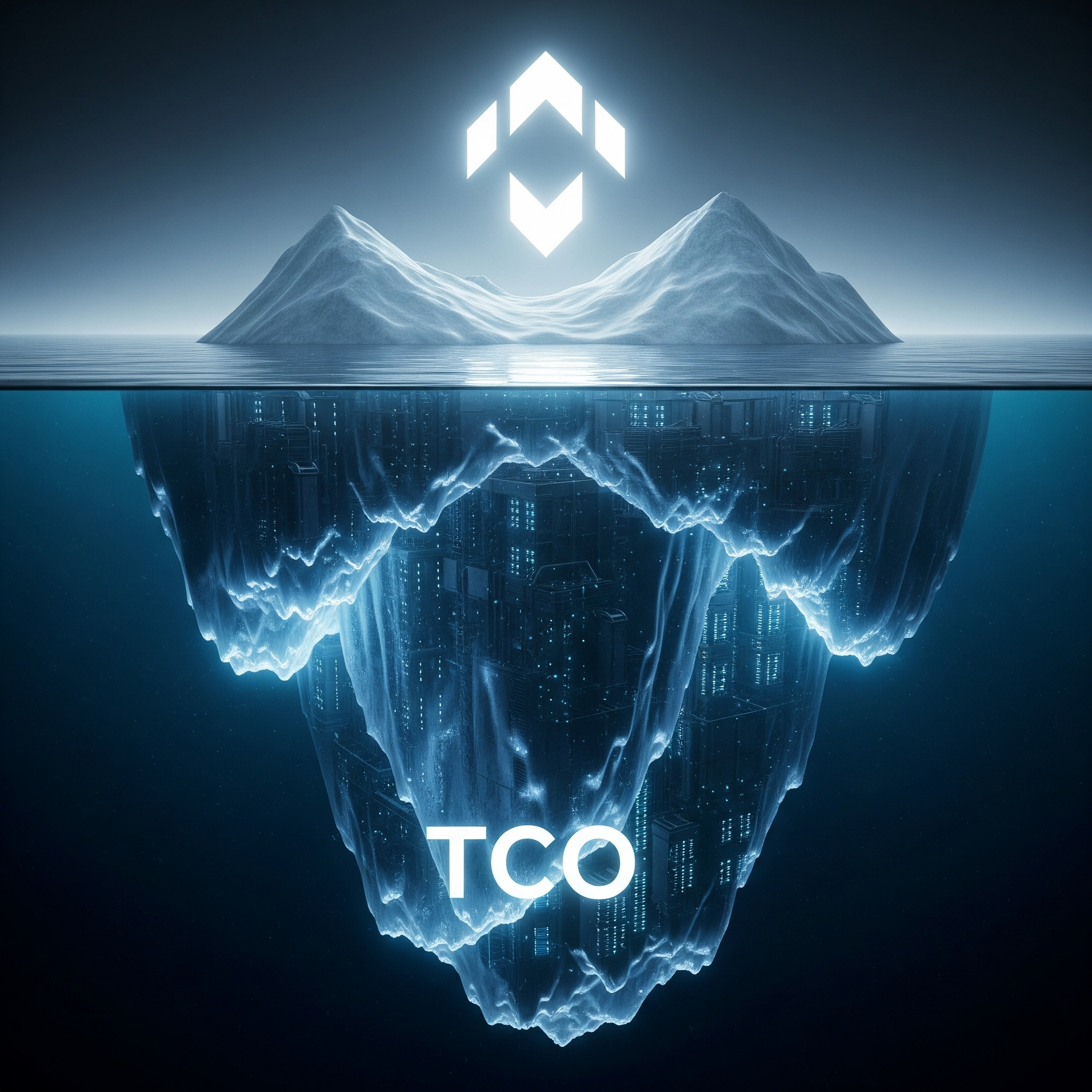 An iceberg representing the Total Cost of Ownership (TCO) of self-hosting an open-source LLM, where the visible tip is the GPU price and the submerged part represents larger, hidden costs like MLOps and data storage