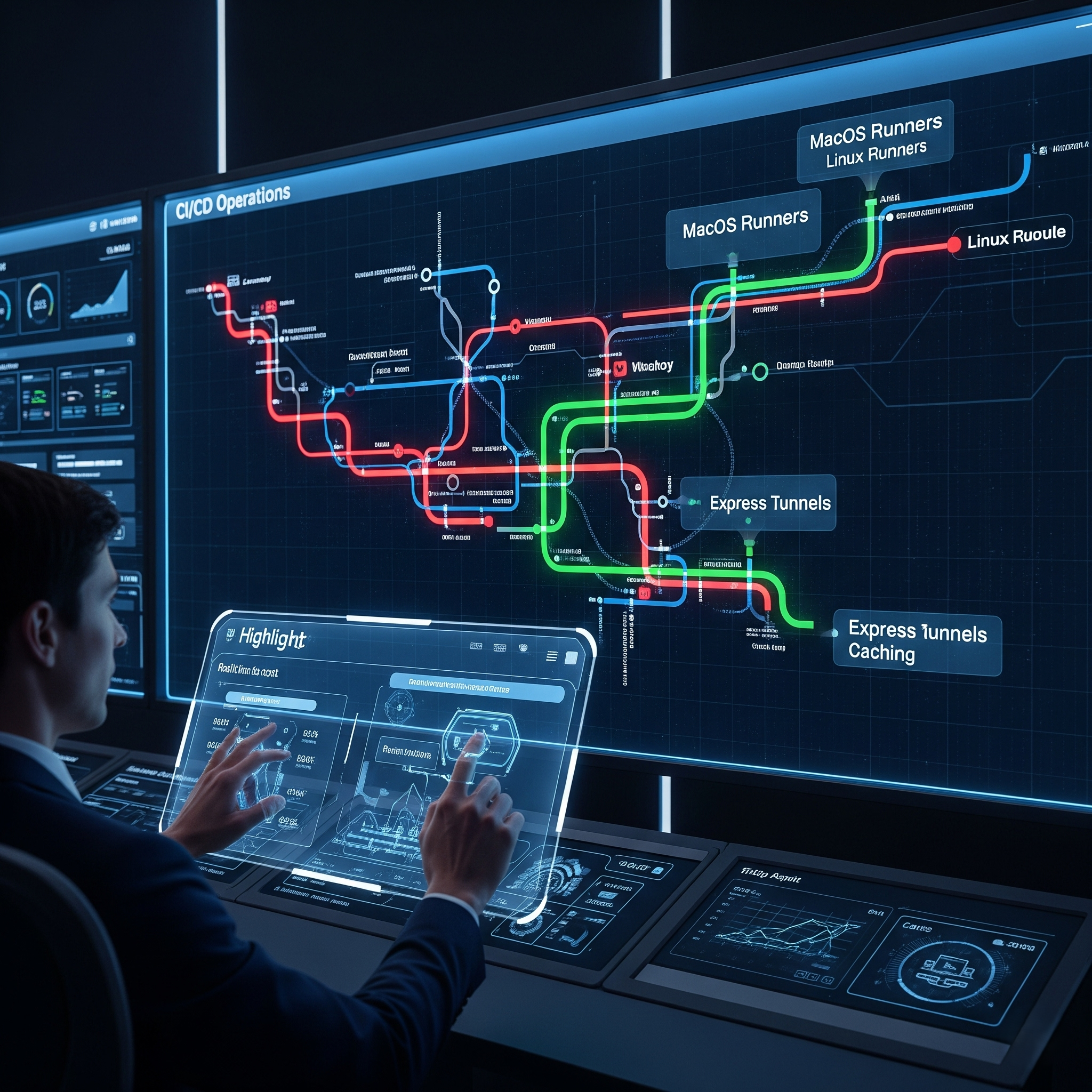 An operations center with a large screen displaying a CI/CD pipeline as a complex subway map, with different lines for macOS and Linux runners, symbolizing advanced pipeline management and optimization