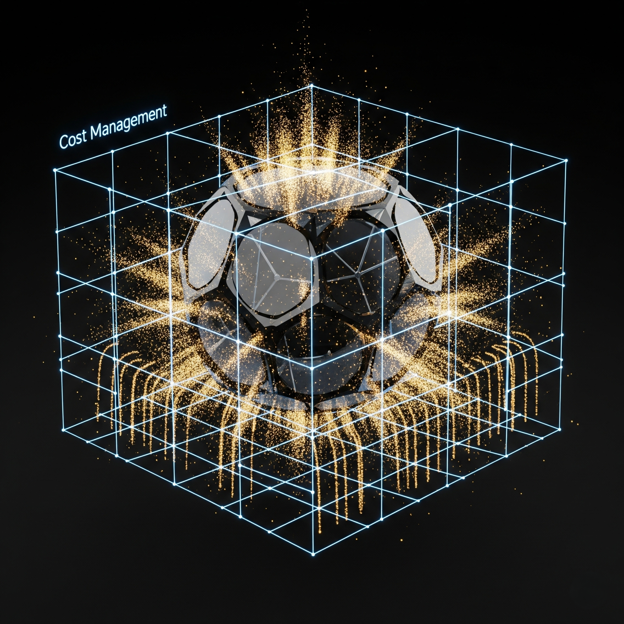 A soccer ball contained within a glowing 'Cost Management' grid, with particles of energy erupting from it, symbolizing the need to contain and manage the explosive costs of a generative AI project
