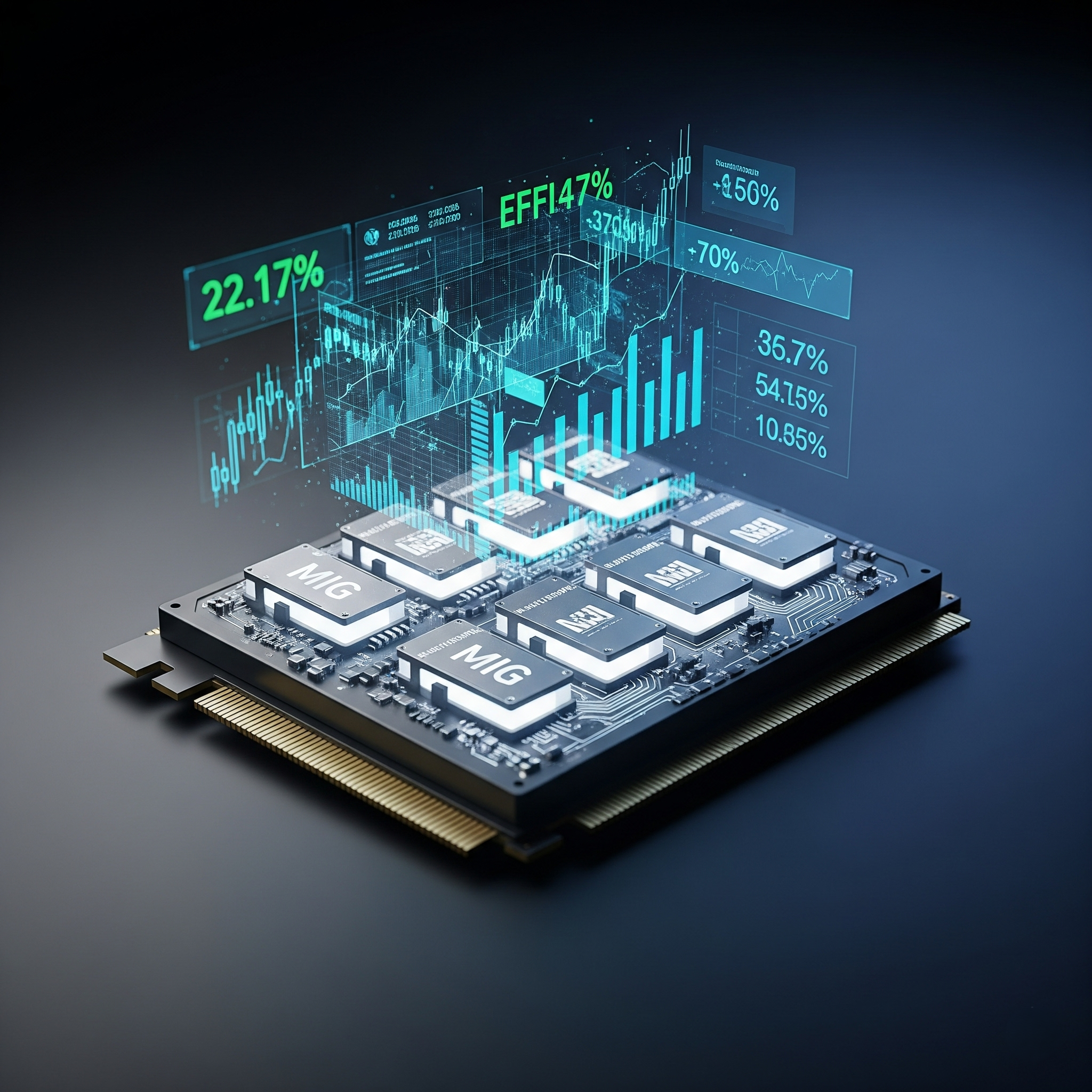 A specialized GPU accelerator card with multiple processing units, displaying holographic charts that show significant performance efficiency and cost savings, symbolizing hardware-level optimization like Multi-Instance GPU (MIG).