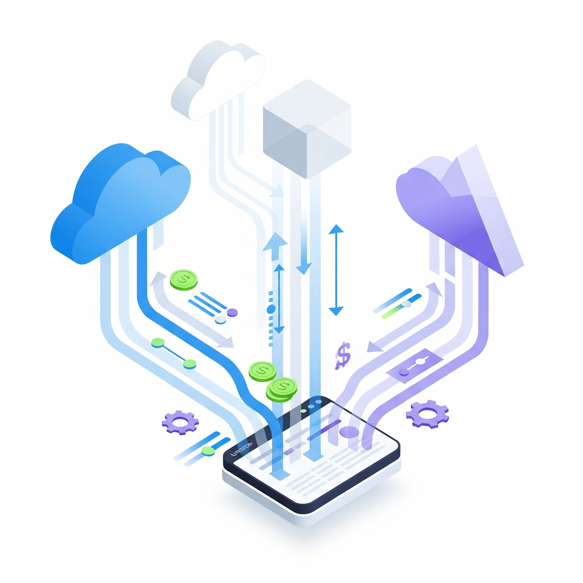 An abstract illustration of a multi-cloud cost management platform, showing data streams from different cloud providers being ingested and normalized into a single, unified dashboard to tame financial complexity