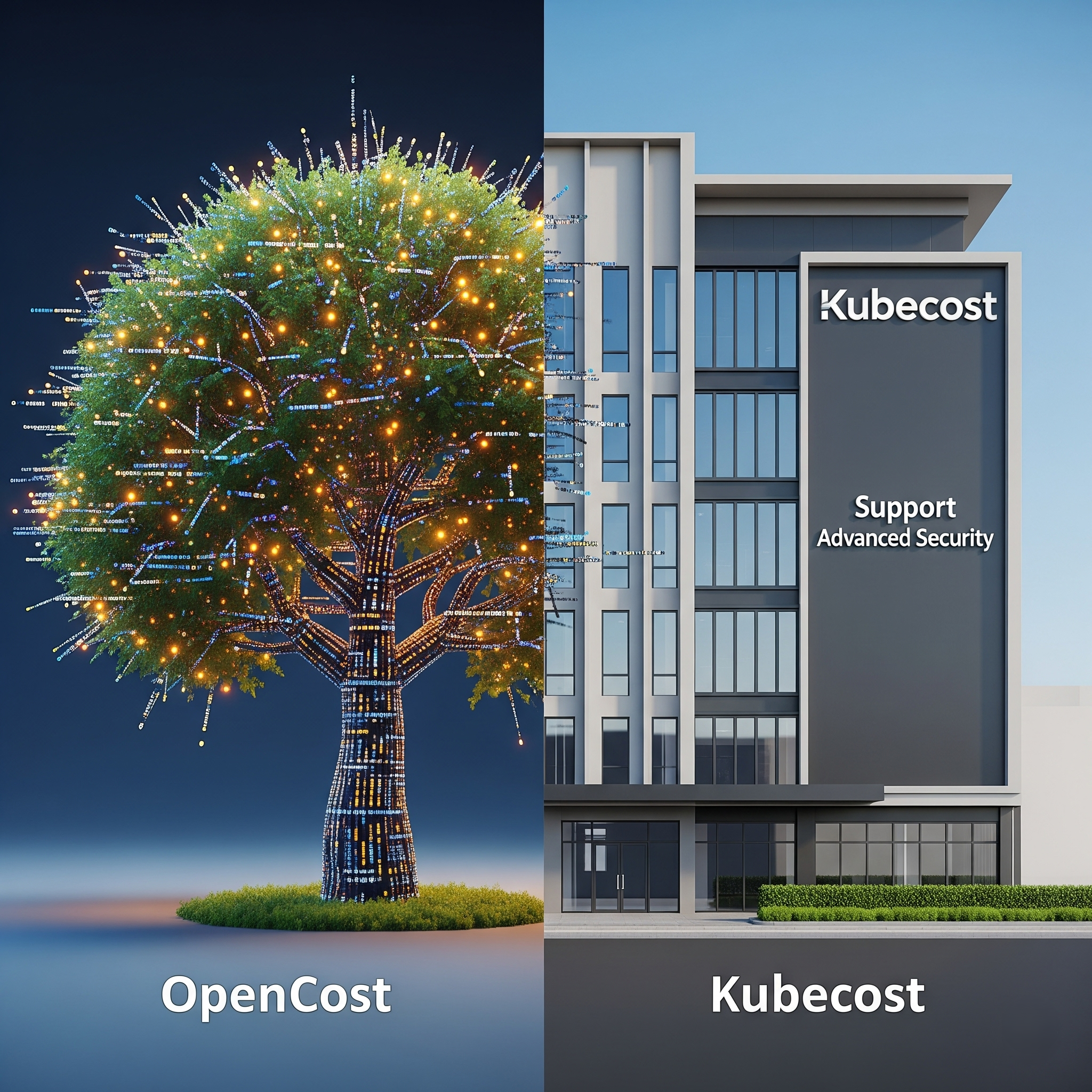 A comparison of OpenCost, represented as a community-driven open-source tree, and Kubecost, represented as a corporate building offering enterprise features like support and advanced security