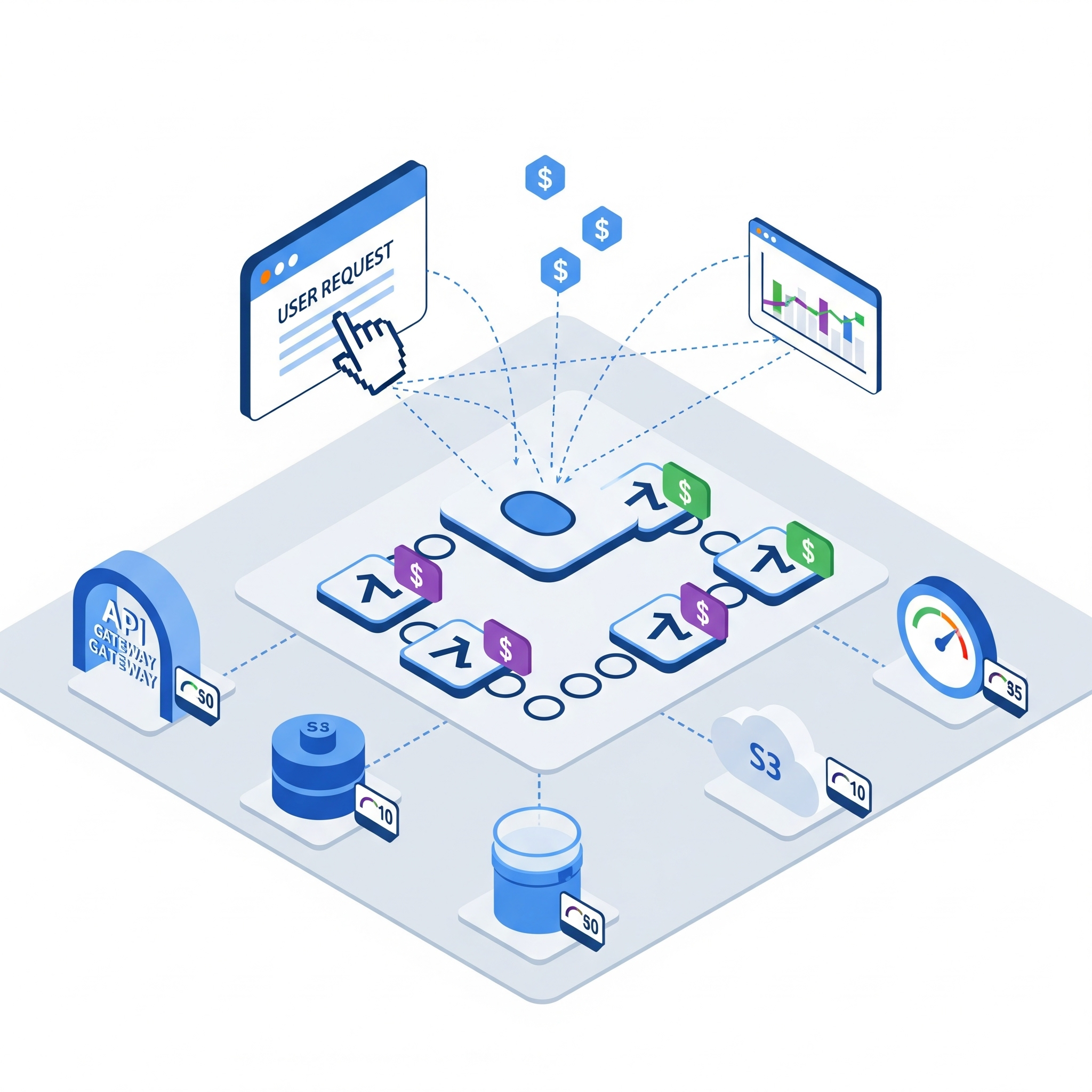 A diagram of a serverless application architecture, illustrating how a single user request can trigger a chain of services like API Gateway and AWS Lambda, highlighting the challenge of tracking the total transaction cost.