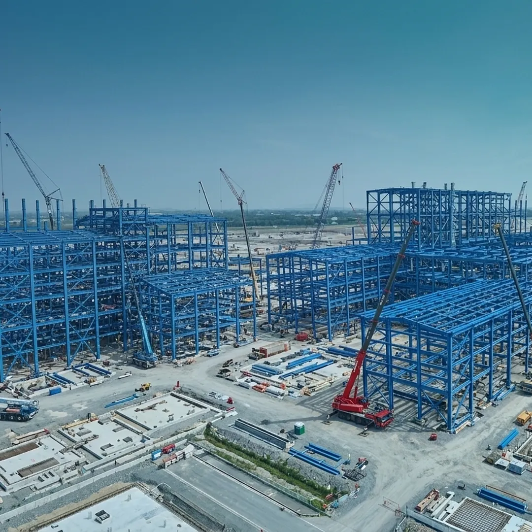 Aerial view of a large industrial construction site with multiple steel structures, cranes, and scattered equipment under a clear sky.