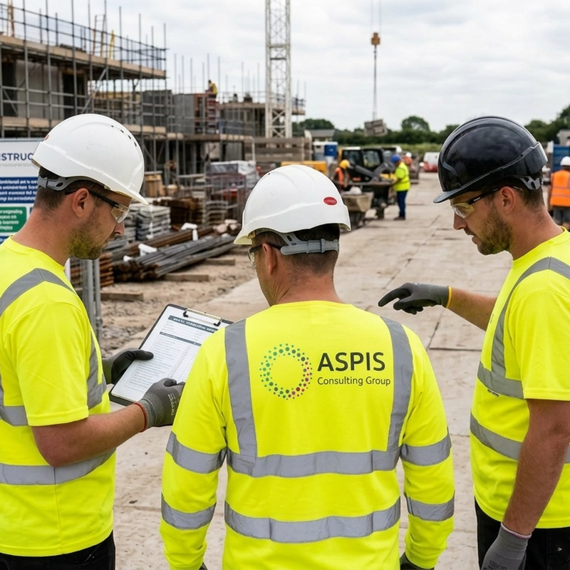 Construction workers in high-visibility gear discuss plans at a busy site, with scaffolding and equipment in the background.