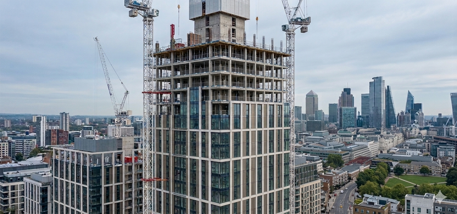 Skyscraper under construction with cranes, surrounded by cityscape featuring modern high-rise buildings and a cloudy sky.