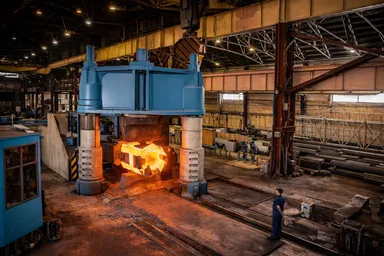 A large industrial forging press in a factory shapes heated metal, with a worker observing nearby. The environment features heavy machinery.