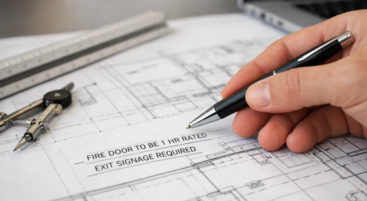 Hand holding a pen over architectural blueprints with a compass and ruler nearby. The plans mention fire door rating and exit signage.