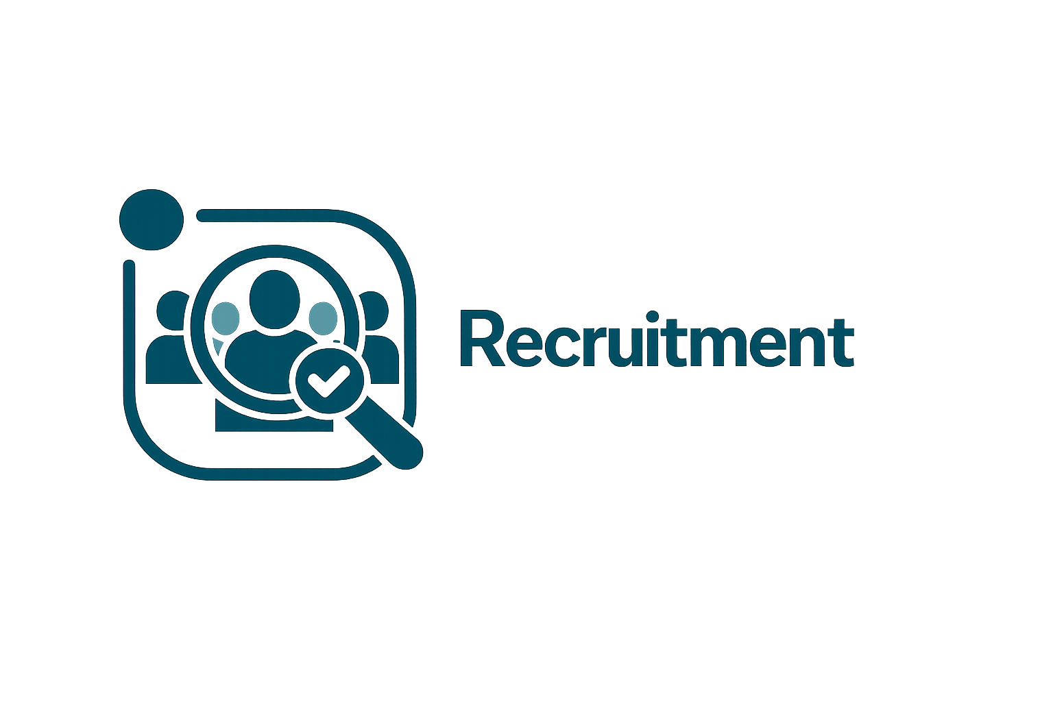 Glowing recruitment icon on a dark background, featuring a magnifying glass over a person silhouette with a checkmark.