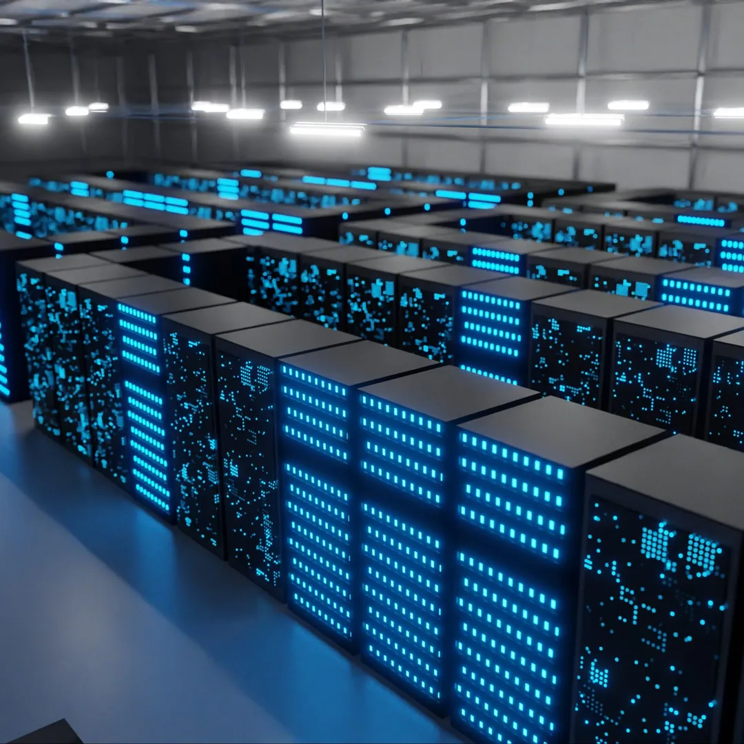 A large data center room filled with rows of servers emitting blue lights, under bright overhead lighting.