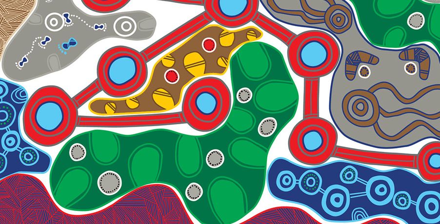 'Journey – where we have been and where we are going' by Emma Bamblett: an Aboriginal artwork of connected red and blue circles, pathways and earth-coloured shapes