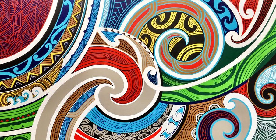 'Te Haerenga (The Journey)' by Aaron McTaggart: a contemporary Māori design of interlocking swirling koru forms in red, blue, green and gold
