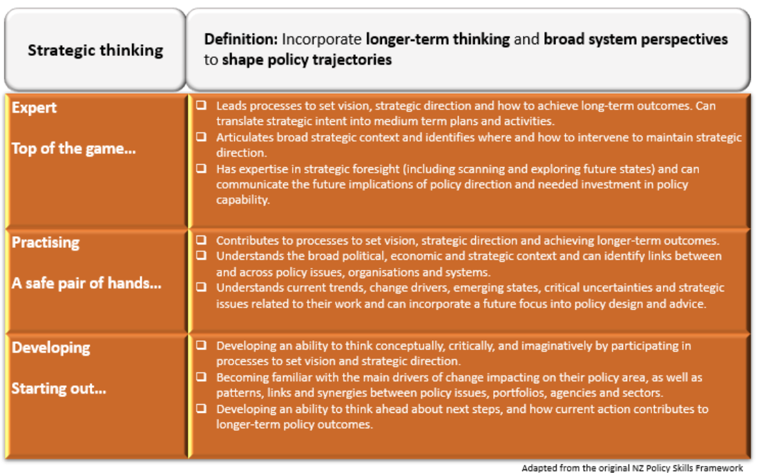 Table describing strategic thinking at three levels, expert, practising and developing, with the behaviours expected at each