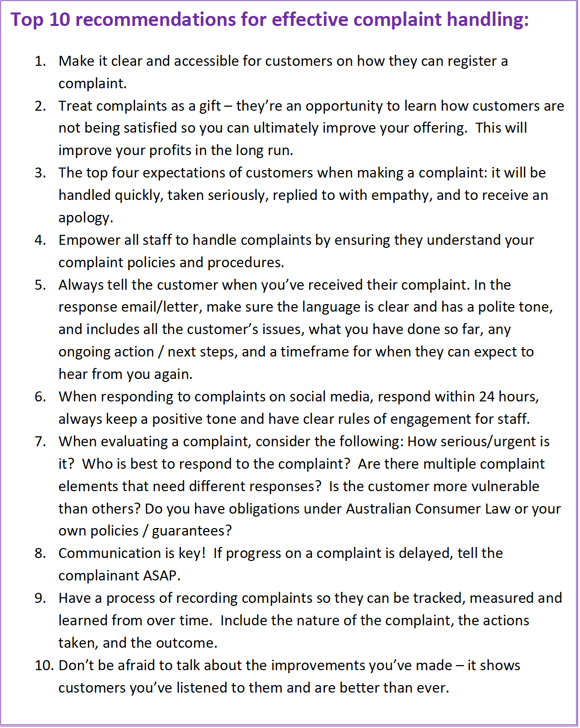 Table with the top 10 recommendations for effective complaint handling