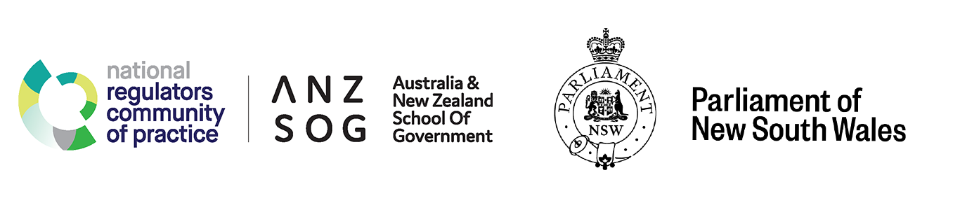 Logos of the National Regulators Community of Practice, ANZSOG and the Parliament of New South Wales