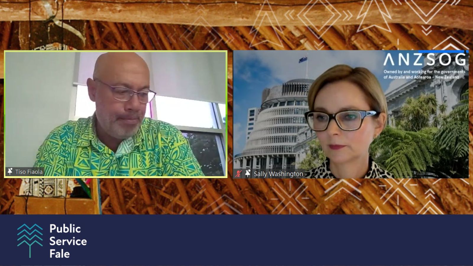 Webinar screen showing Tiso Fiaola and Sally Washington, presented by the Public Service Fale and ANZSOG