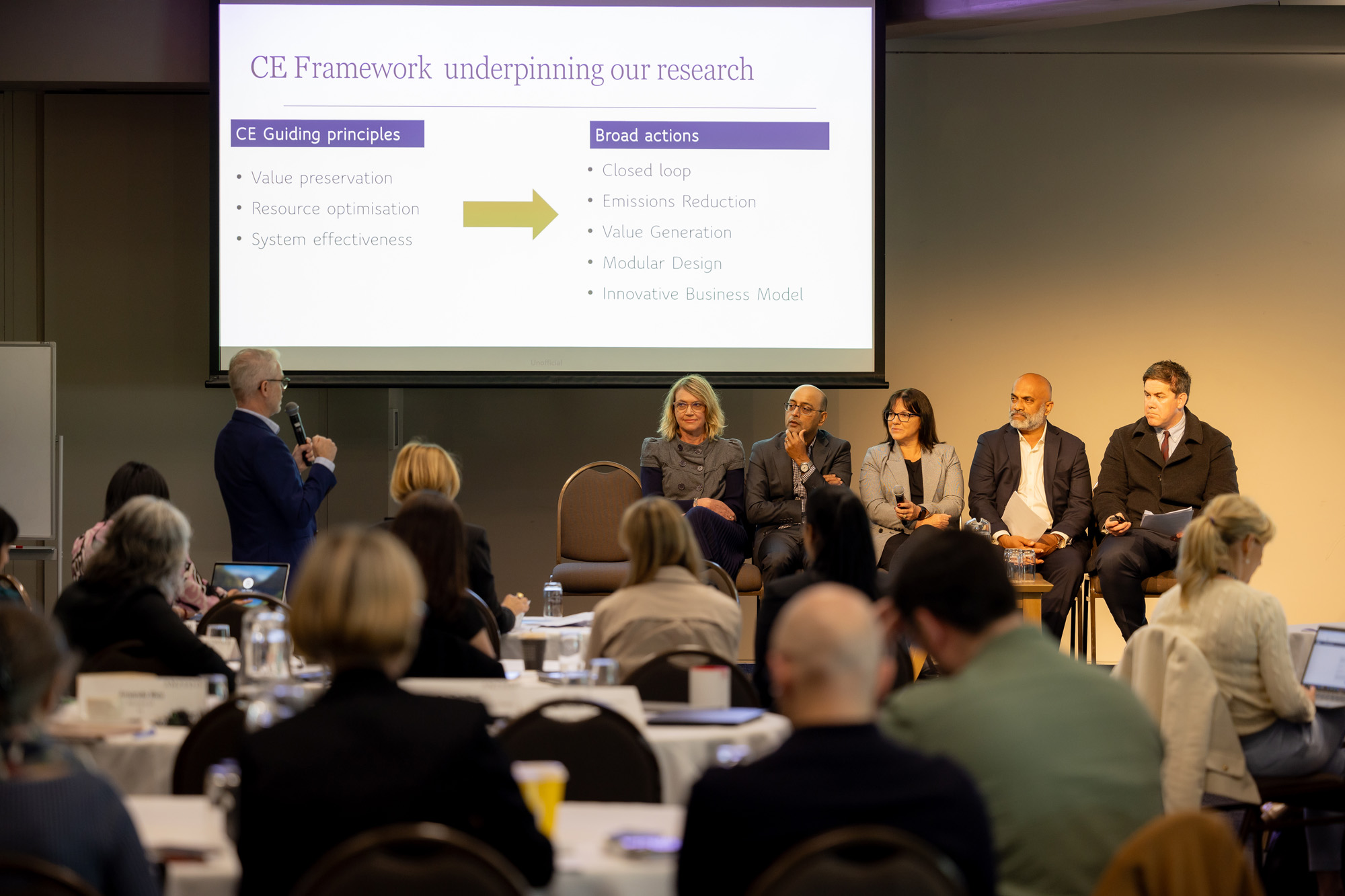 A speaker addresses Executive Master of Public Administration students while a panel sits in front of a slide titled 'CE Framework underpinning our research'